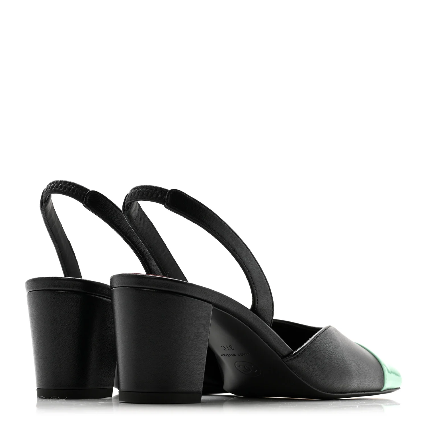Lambskin Patent Calfskin Cap Toe CC Slingback Pumps 37 Black Green - Image 5
