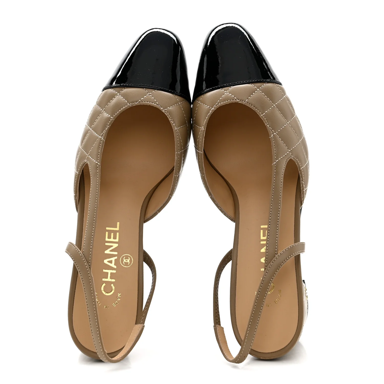 Lambskin Patent Calfskin Quilted Cap Toe CC Slingback Pumps 38 Beige Black - Image 2