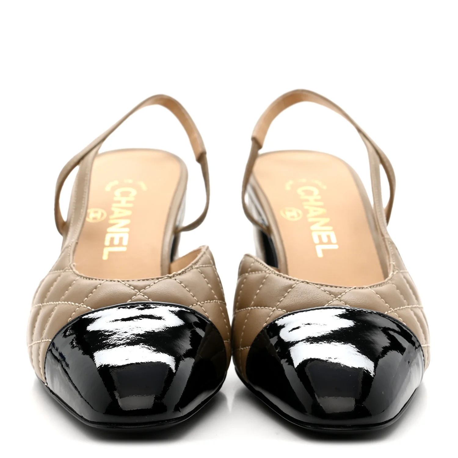 Lambskin Patent Calfskin Quilted Cap Toe CC Slingback Pumps 38 Beige Black - Image 3