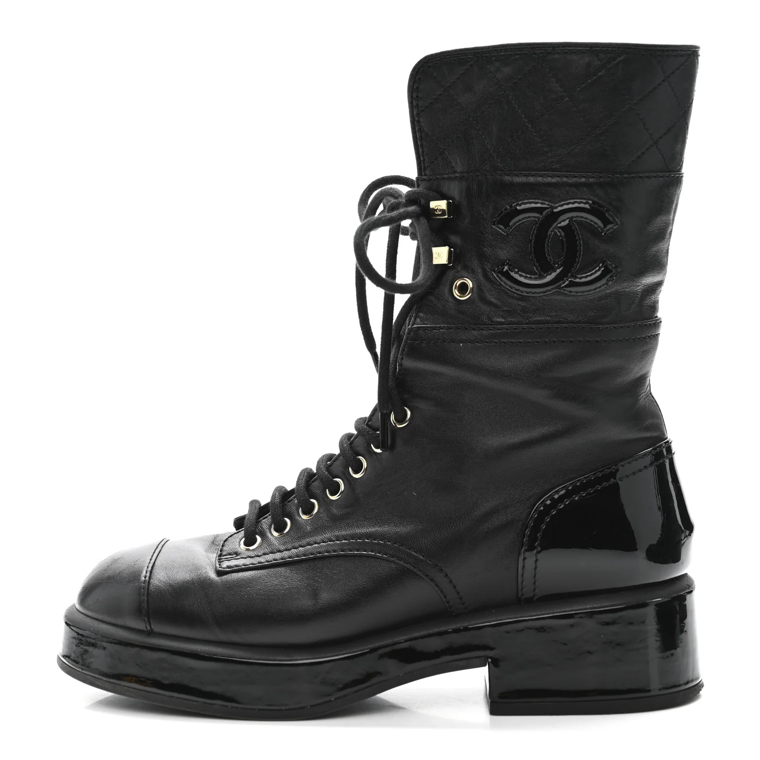 Lambskin Patent Calfskin Quilted CC Lace Up Combat Boots 37 Black