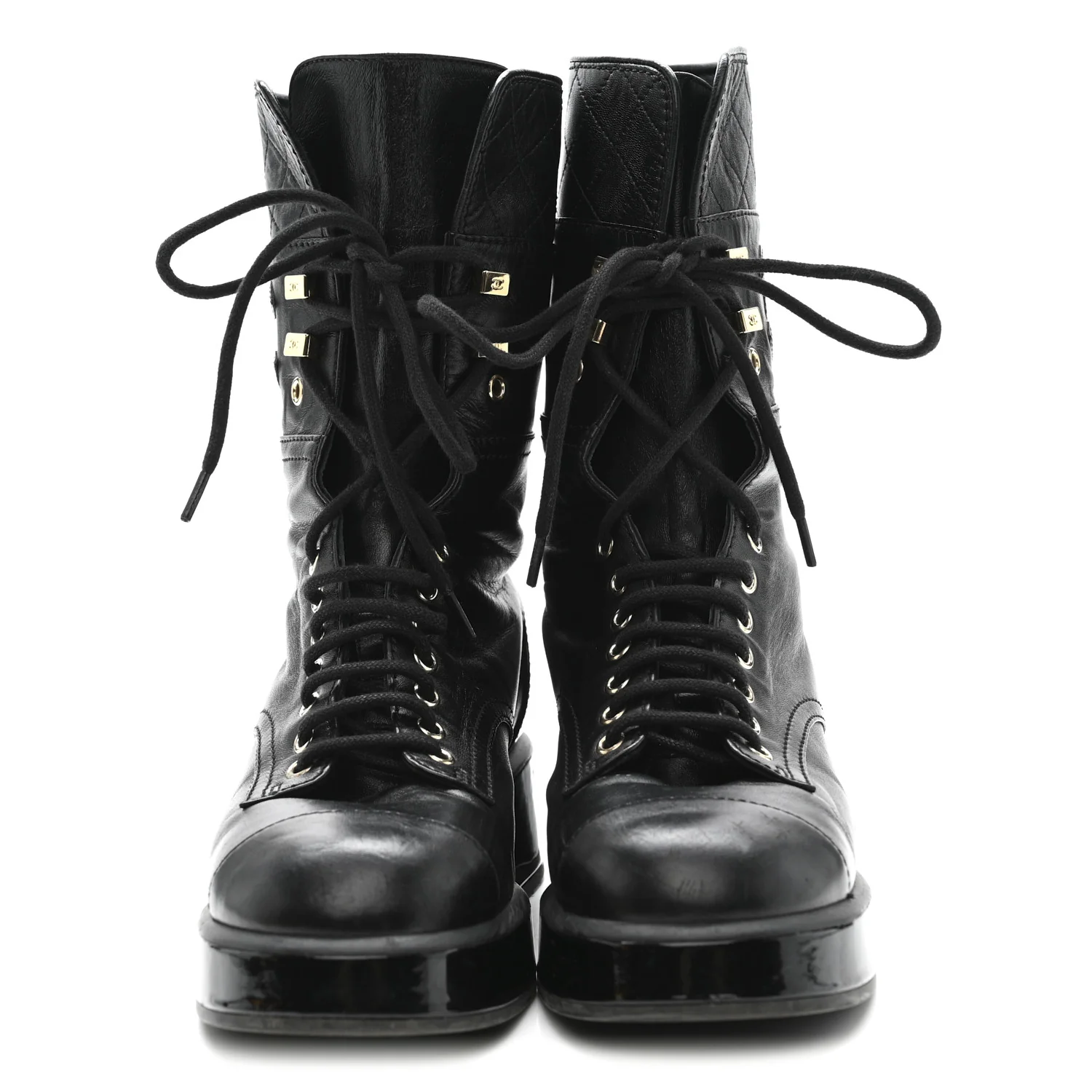Lambskin Patent Calfskin Quilted CC Lace Up Combat Boots 37 Black - Image 3