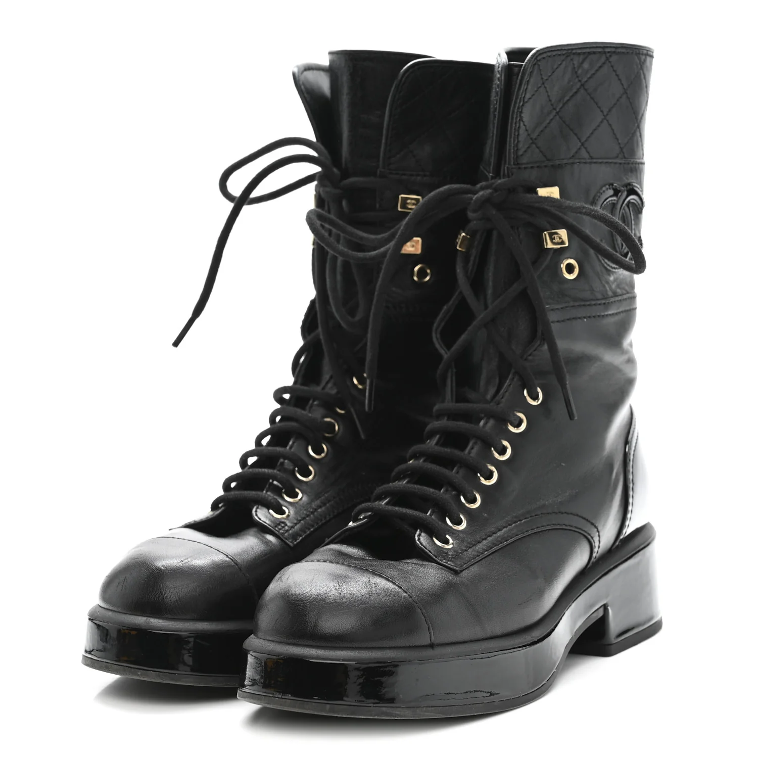 Lambskin Patent Calfskin Quilted CC Lace Up Combat Boots 37 Black - Image 4