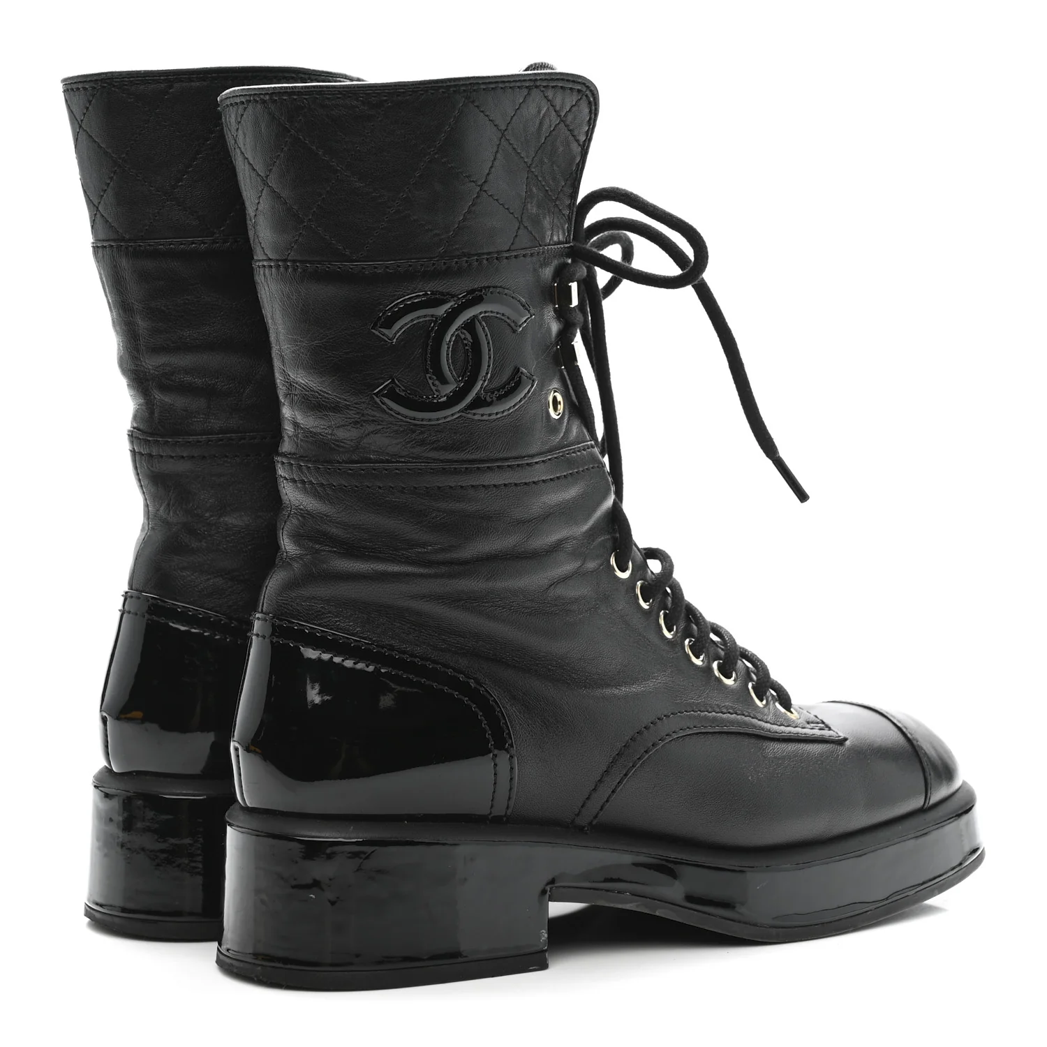 Lambskin Patent Calfskin Quilted CC Lace Up Combat Boots 37 Black - Image 5