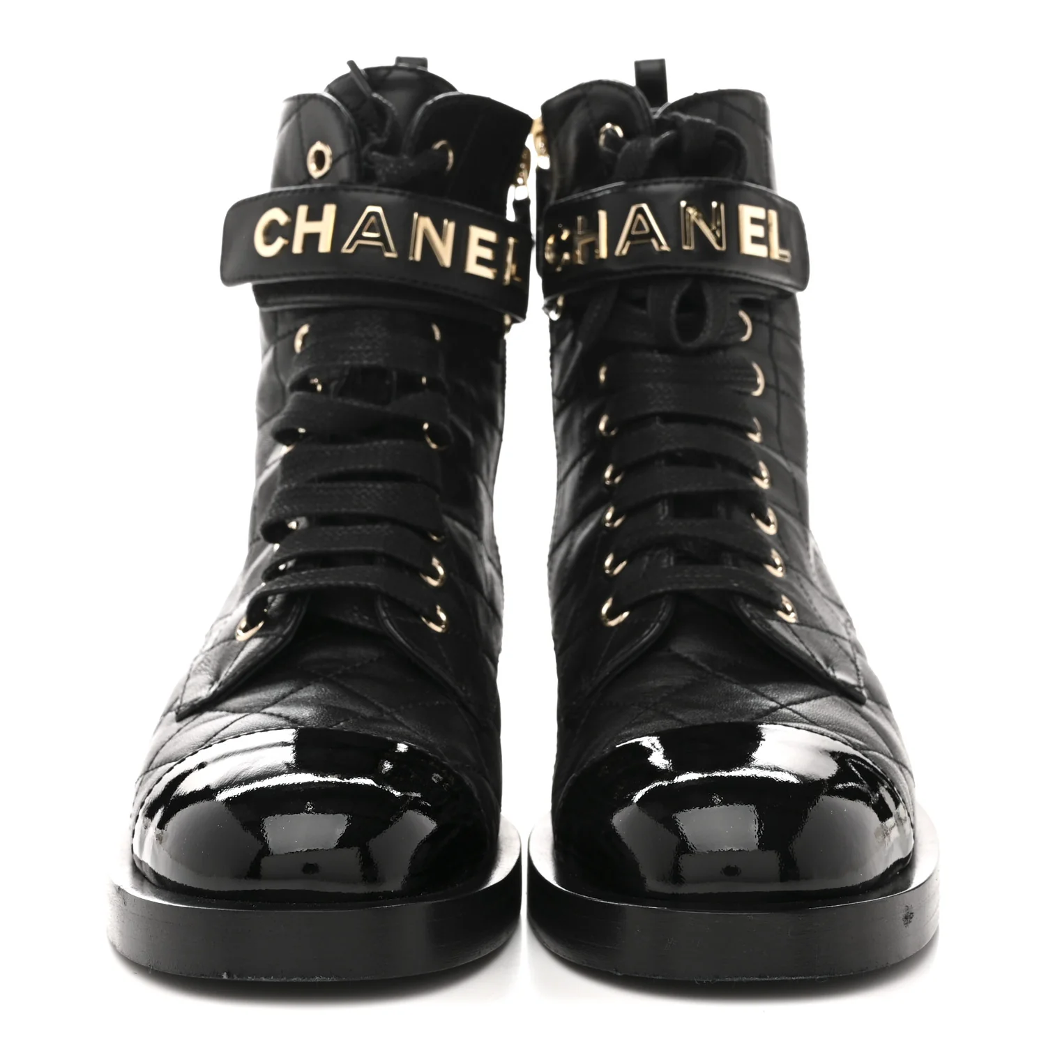 Lambskin Patent Calfskin Quilted Logo Lace Up Combat Boots 37 Black - Image 3
