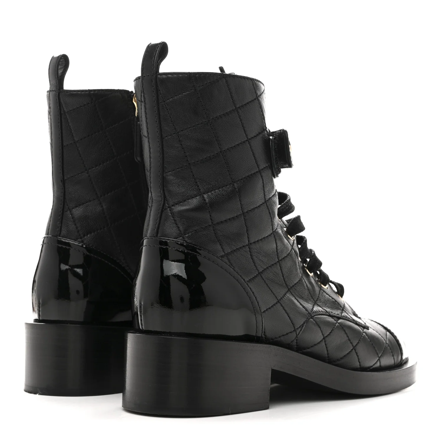 Lambskin Patent Calfskin Quilted Logo Lace Up Combat Boots 37 Black - Image 5