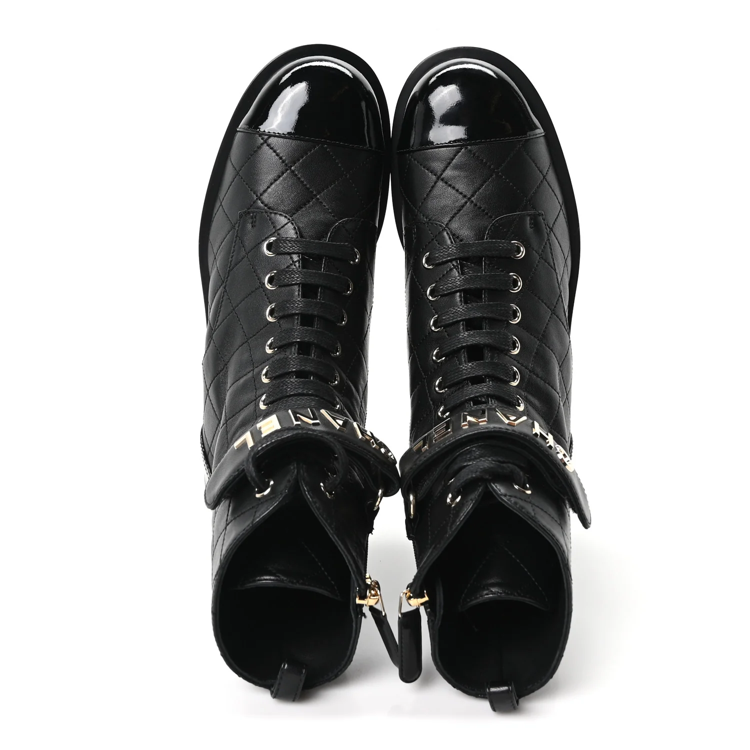 Lambskin Patent Calfskin Quilted Logo Lace Up Combat Boots 39.5 Black - Image 2