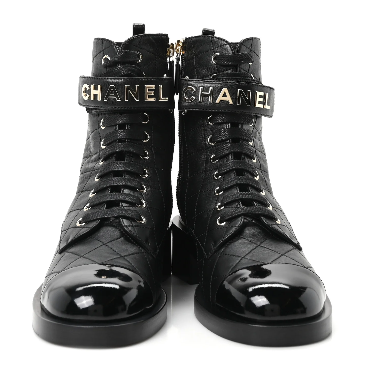 Lambskin Patent Calfskin Quilted Logo Lace Up Combat Boots 39.5 Black - Image 3