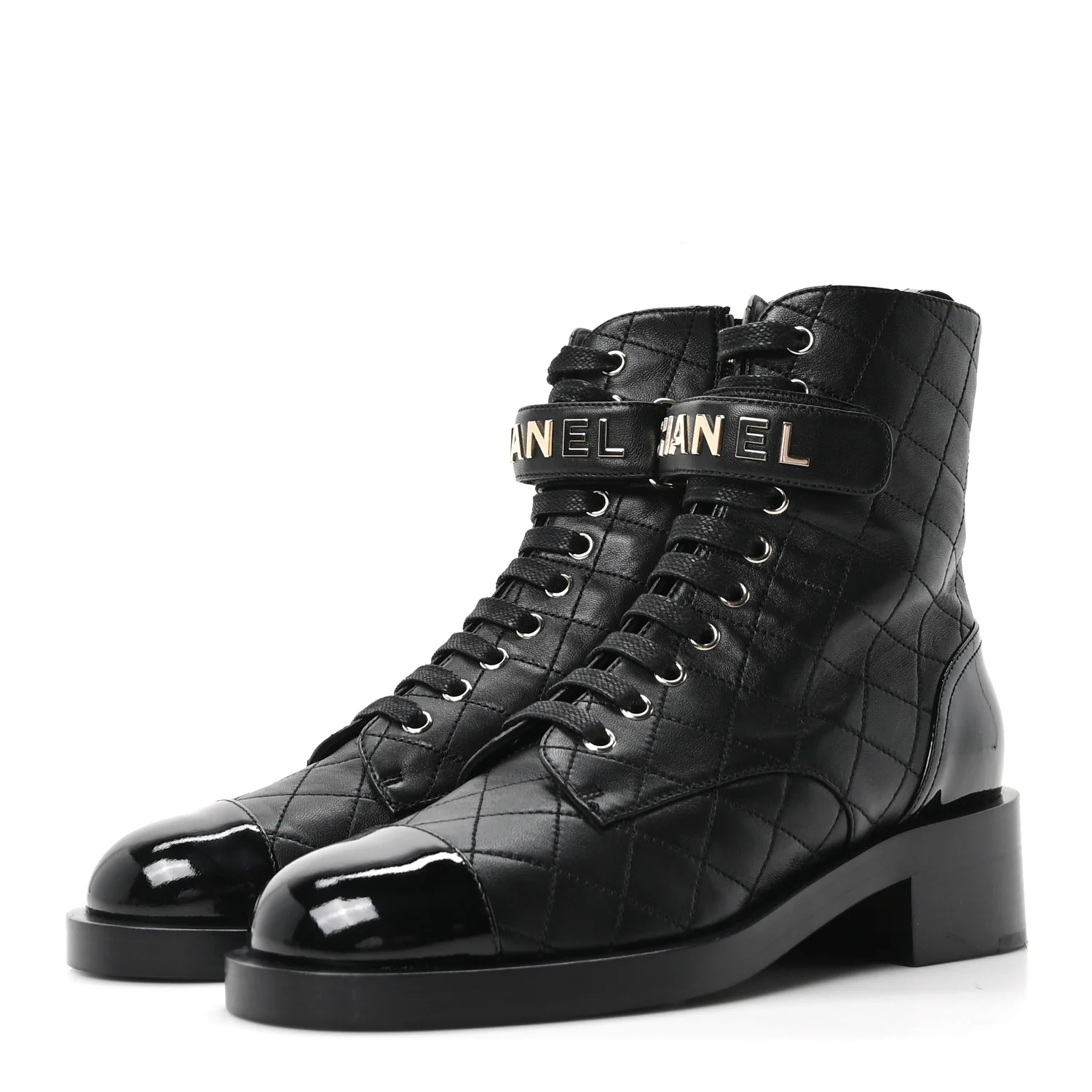 Lambskin Patent Calfskin Quilted Logo Lace Up Combat Boots 39.5 Black - Image 4
