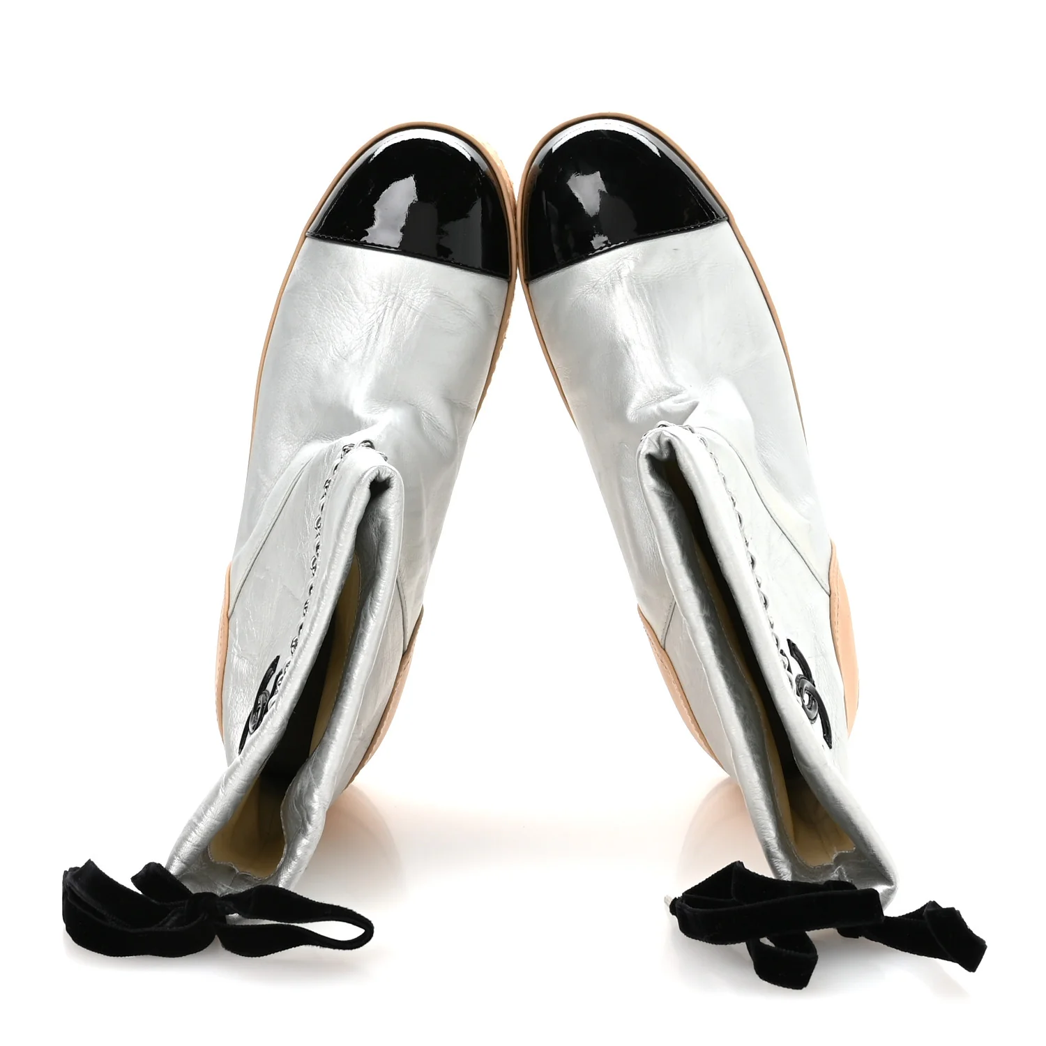 Lambskin Patent Cap Toe CC Chain Espadrille Boots 40 Silver Black Beige - Image 2