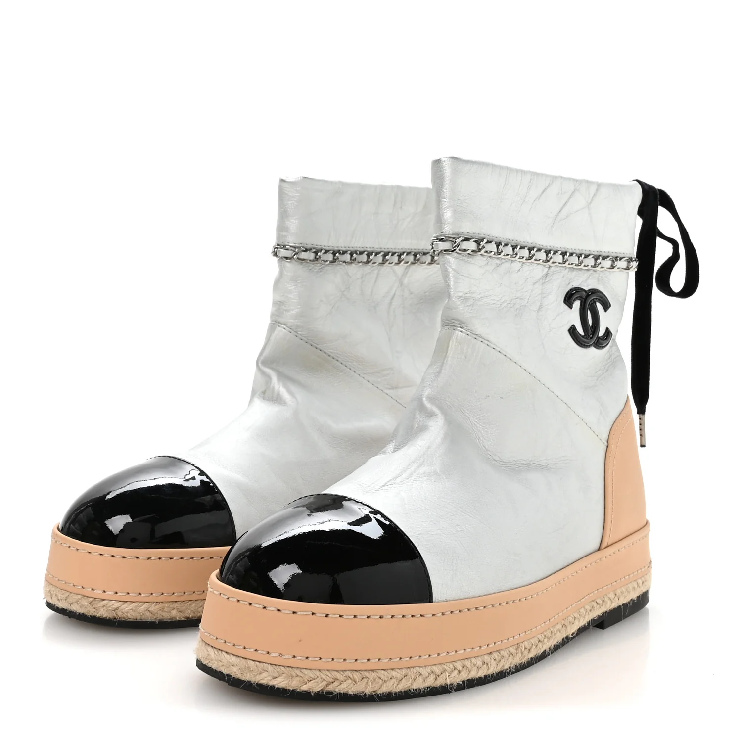 Lambskin Patent Cap Toe CC Chain Espadrille Boots 40 Silver Black Beige - Image 4