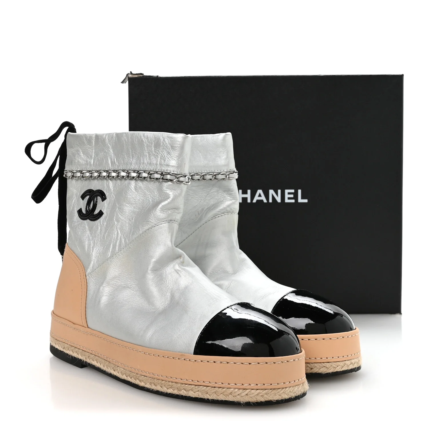 Lambskin Patent Cap Toe CC Chain Espadrille Boots 40 Silver Black Beige - Image 9