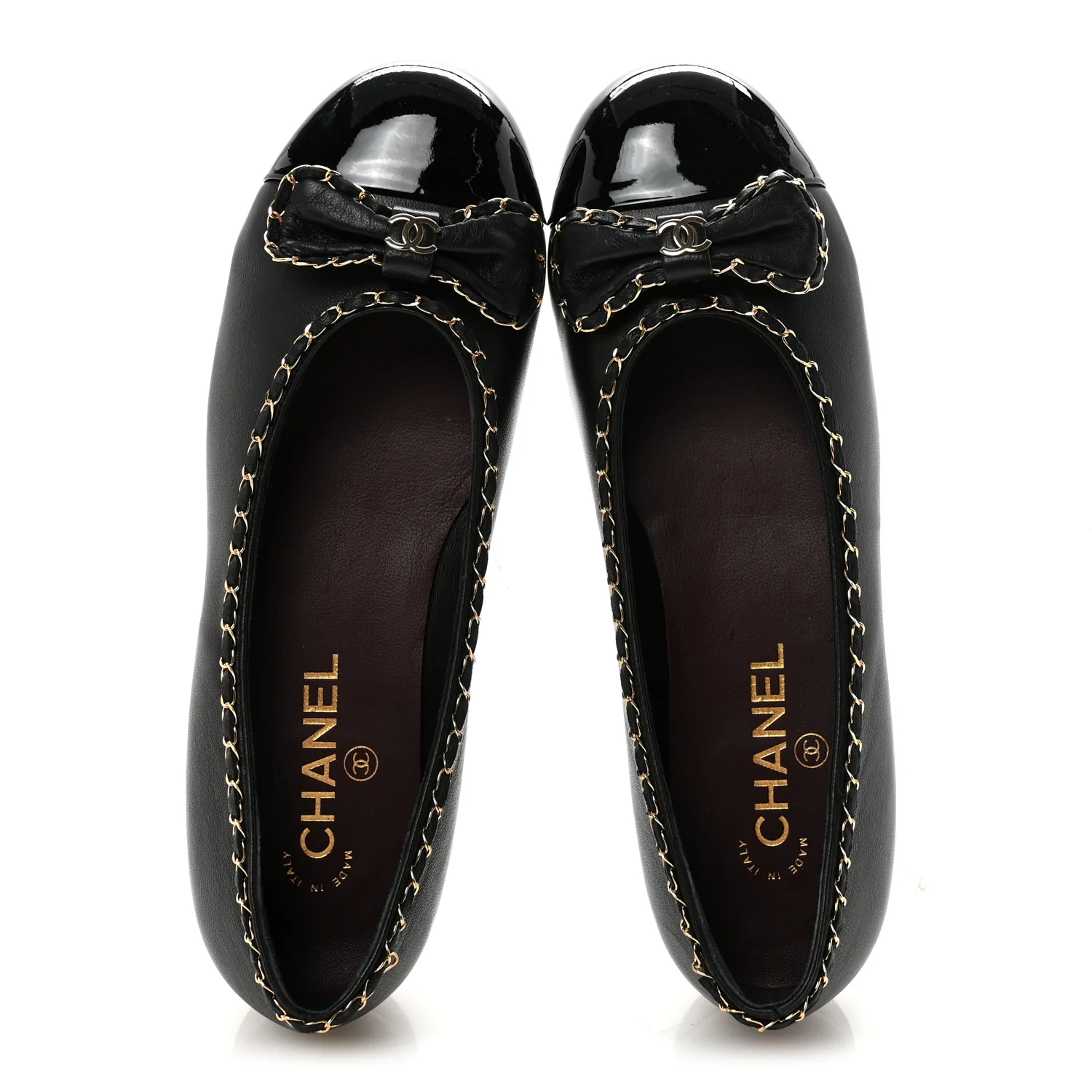 Lambskin Patent Cap Toe Chain Around Ballerina Flats 38.5 Black - Image 2