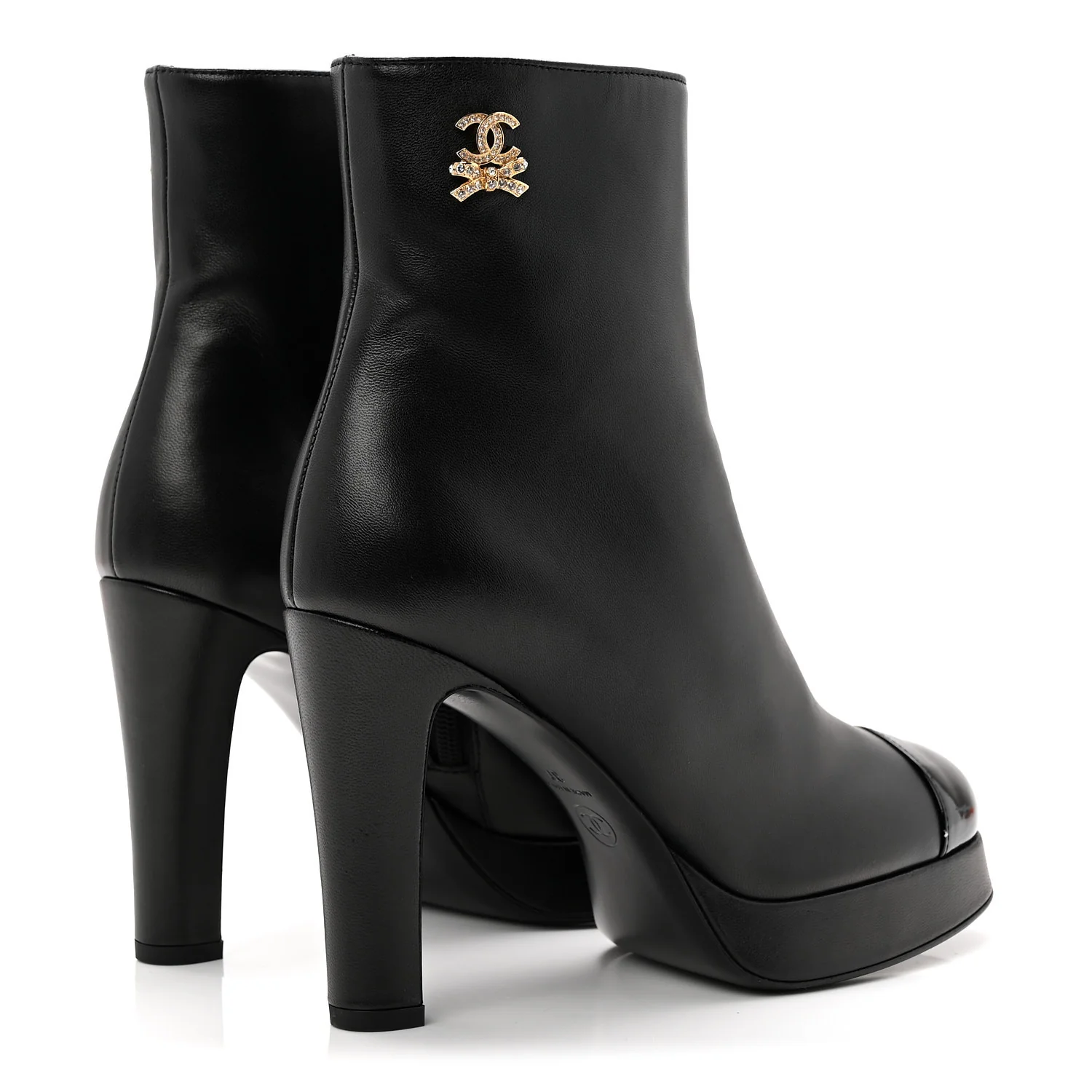 Lambskin Patent CC Crystal Bow Cap Toe Short Boots 37 Black - Image 4
