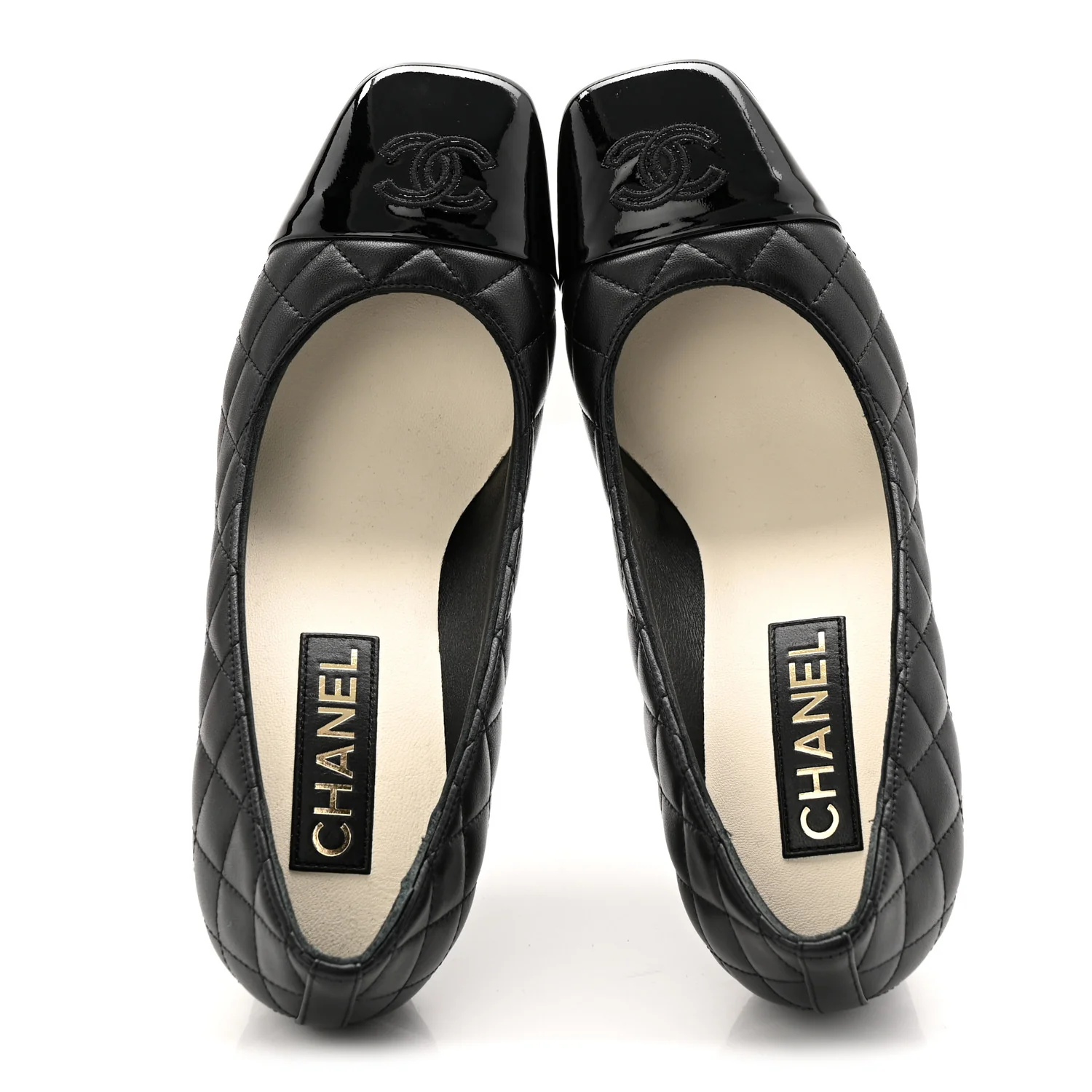 Lambskin Patent Quilted CC Cap Toe Pumps 38.5 Black - Image 2