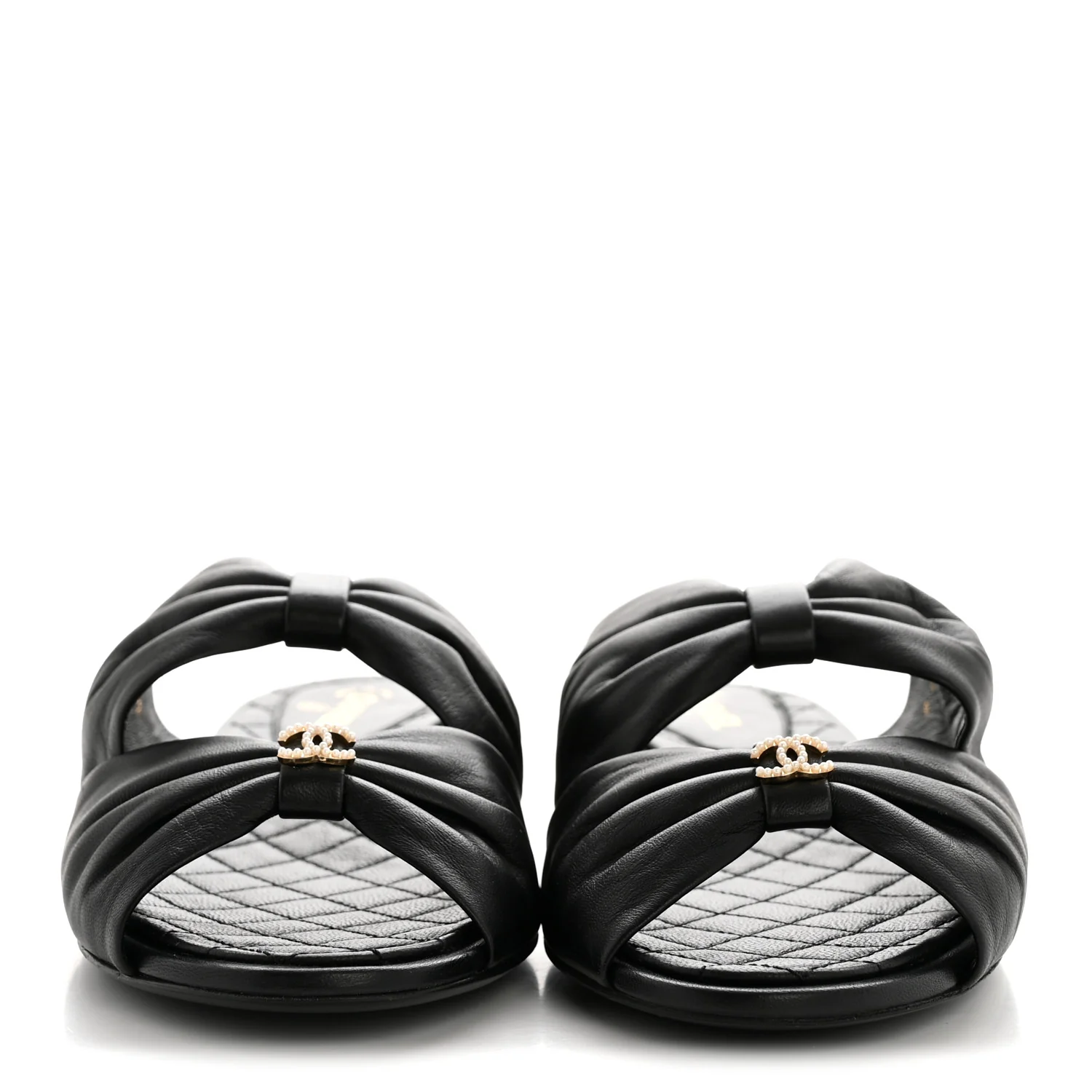 Lambskin Pearl Bow CC Flat Sandals 39 Black - Image 3