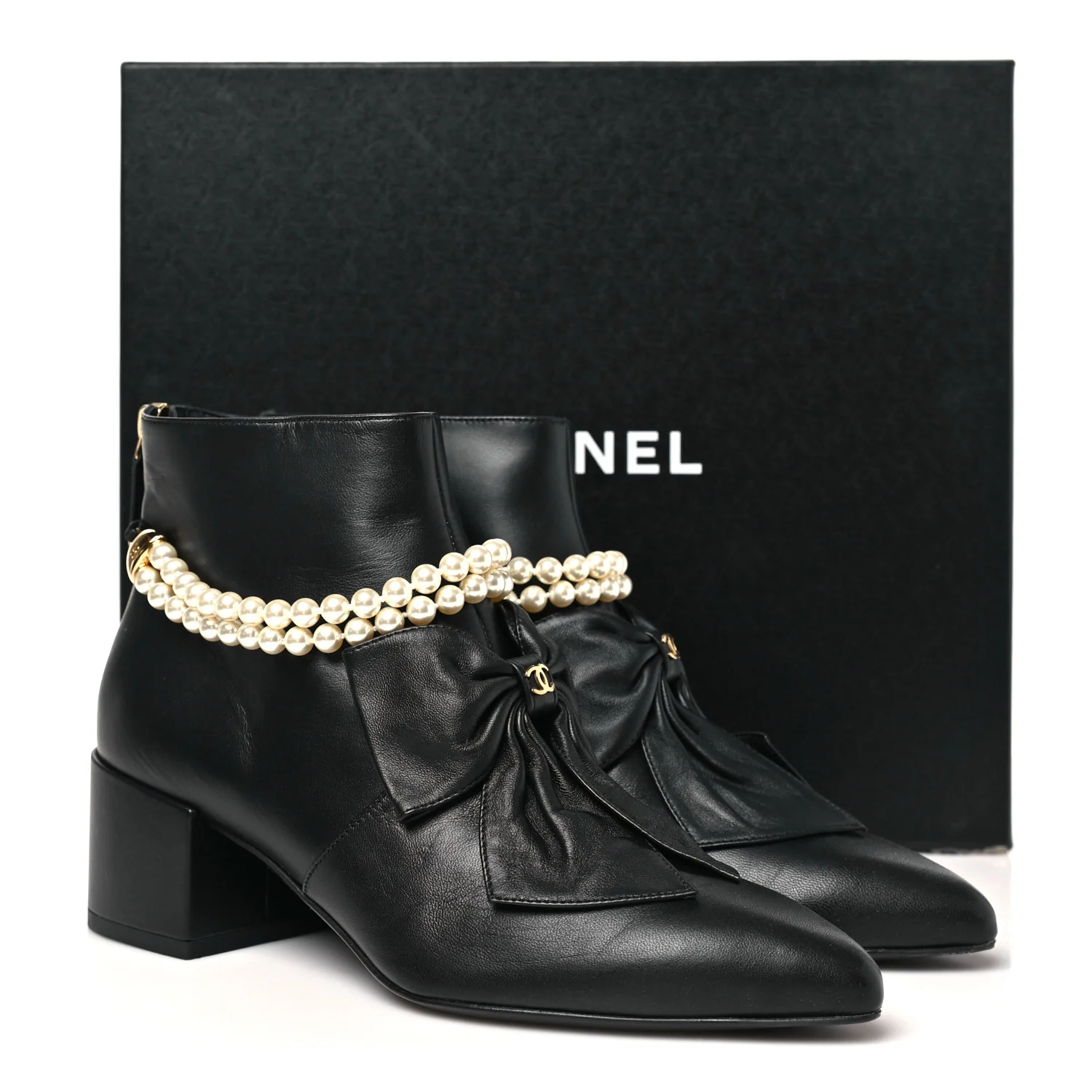 Lambskin Pearl Bow Short Boots 37.5 Black - Image 10