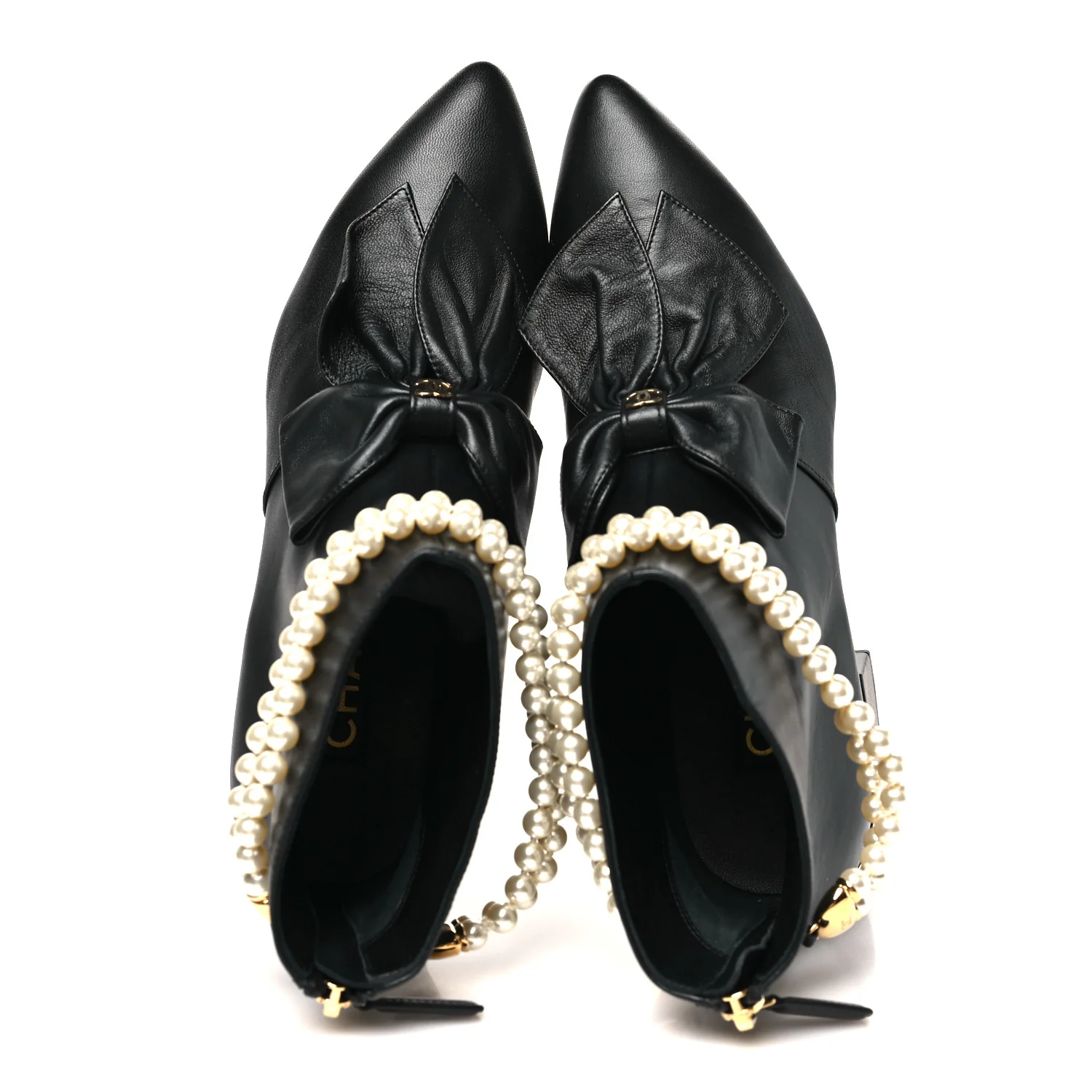 Lambskin Pearl Bow Short Boots 37.5 Black - Image 2