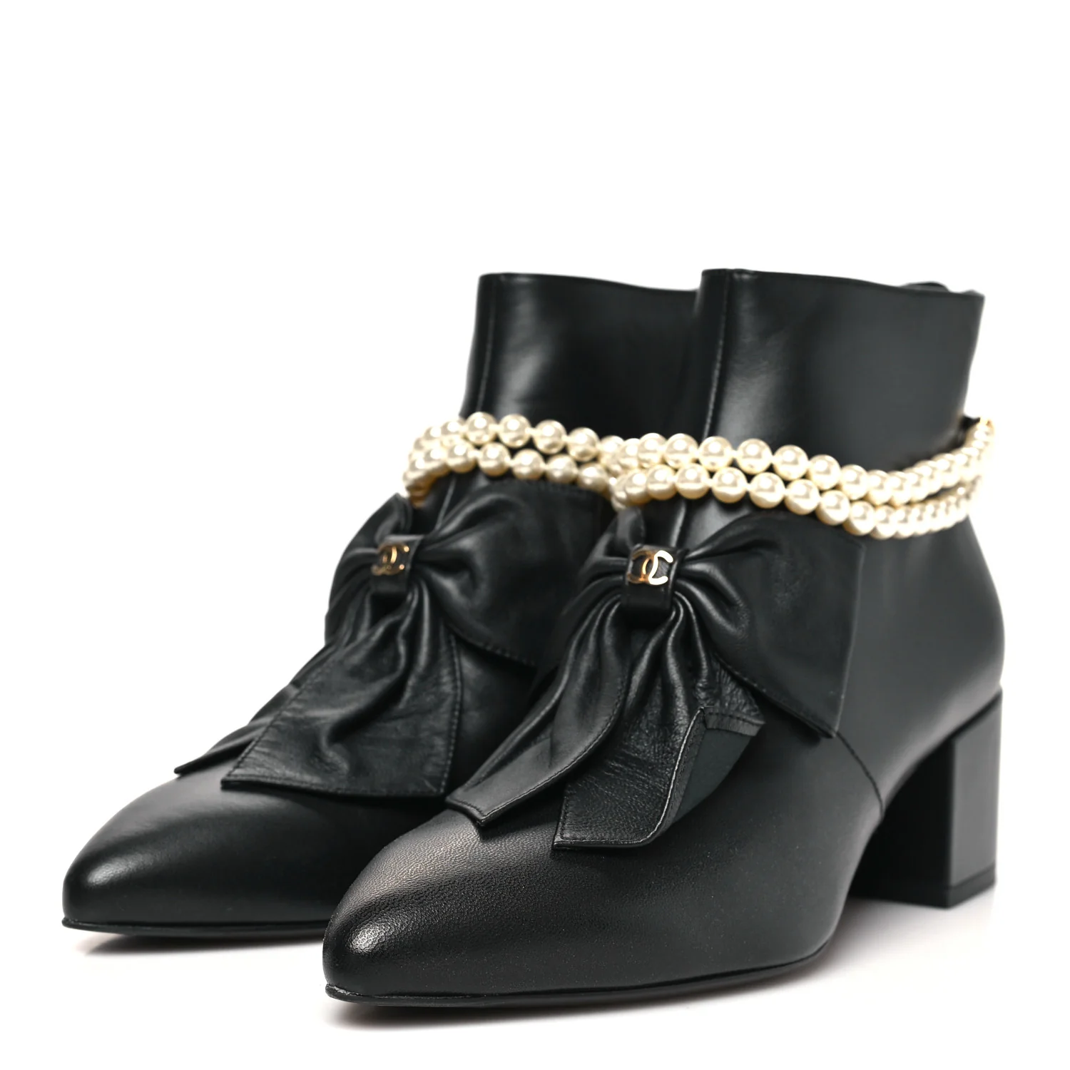 Lambskin Pearl Bow Short Boots 37.5 Black - Image 4