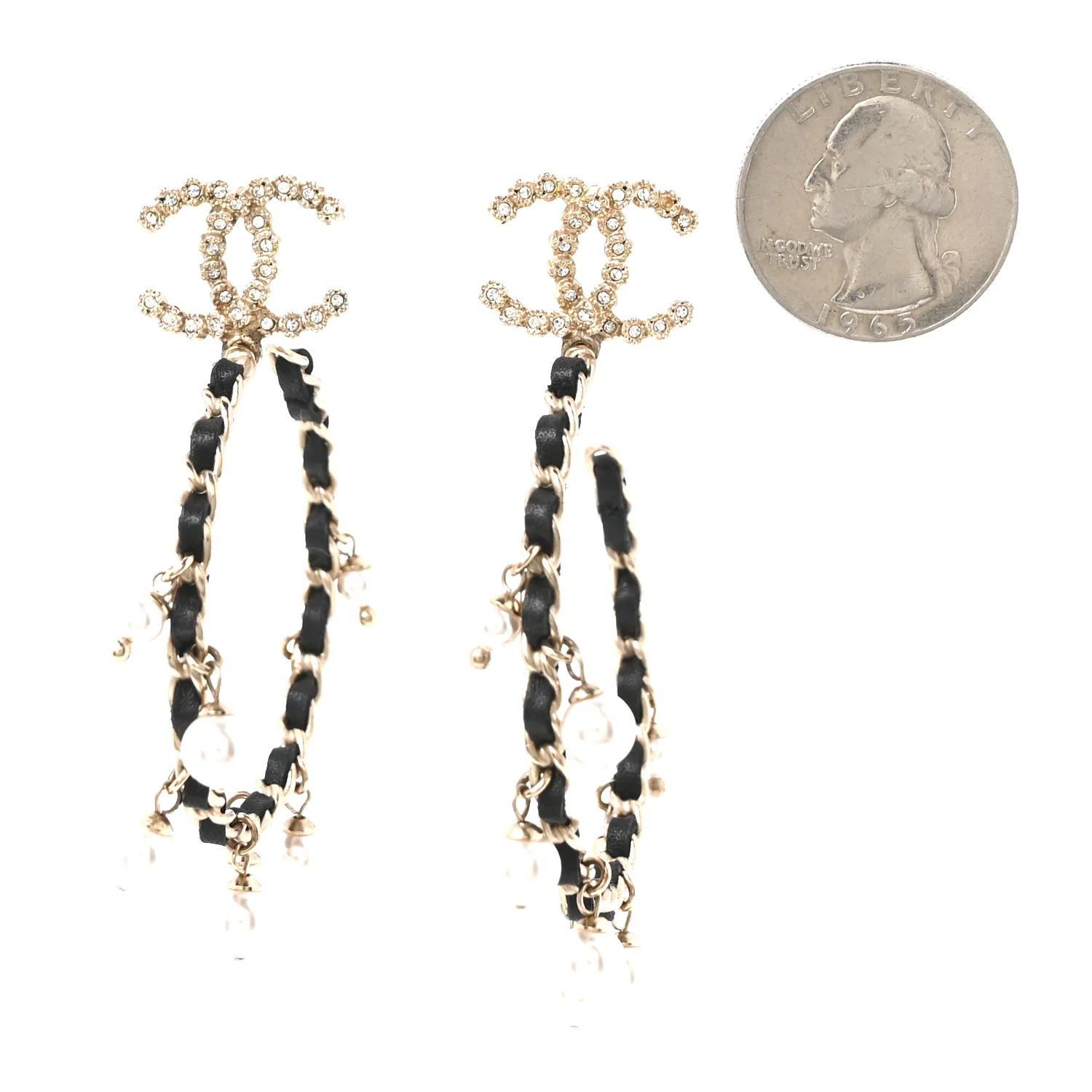 Lambskin Pearl Crystal CC Chain Hoop Earrings Gold Black - Image 2