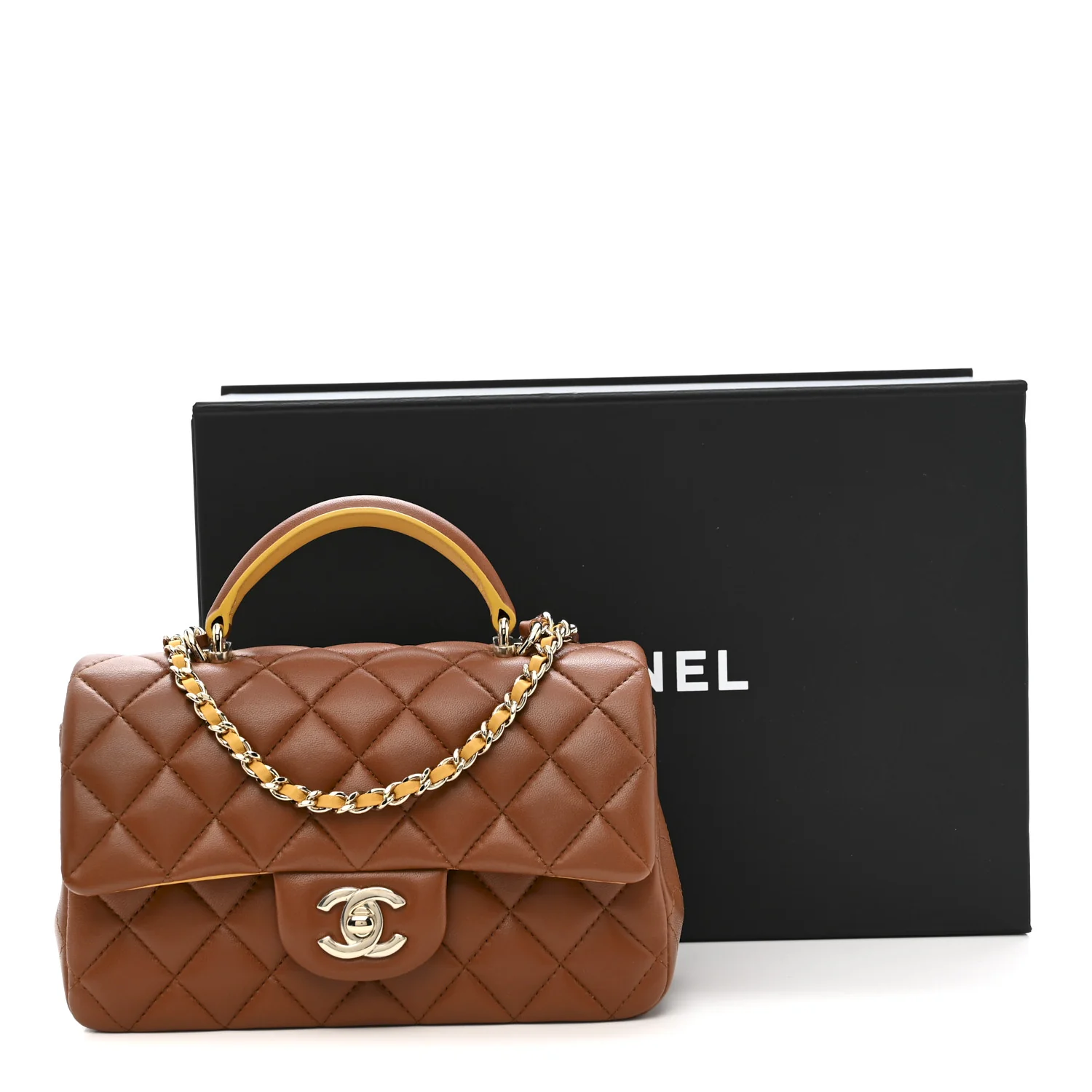 Lambskin Quilted Bi-Color Mini Top Handle Rectangular Flap Light Brown Yellow - Image 11