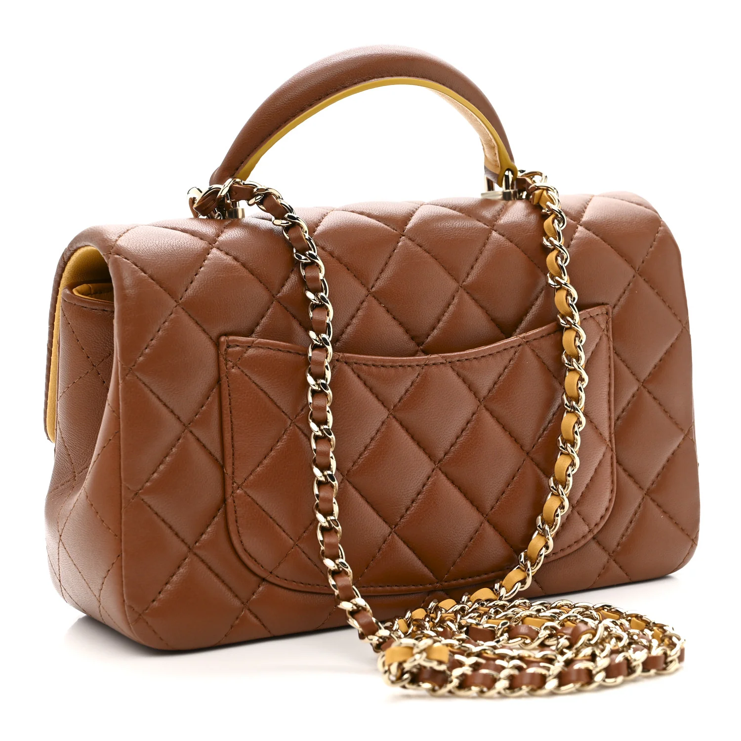 Lambskin Quilted Bi-Color Mini Top Handle Rectangular Flap Light Brown Yellow - Image 3