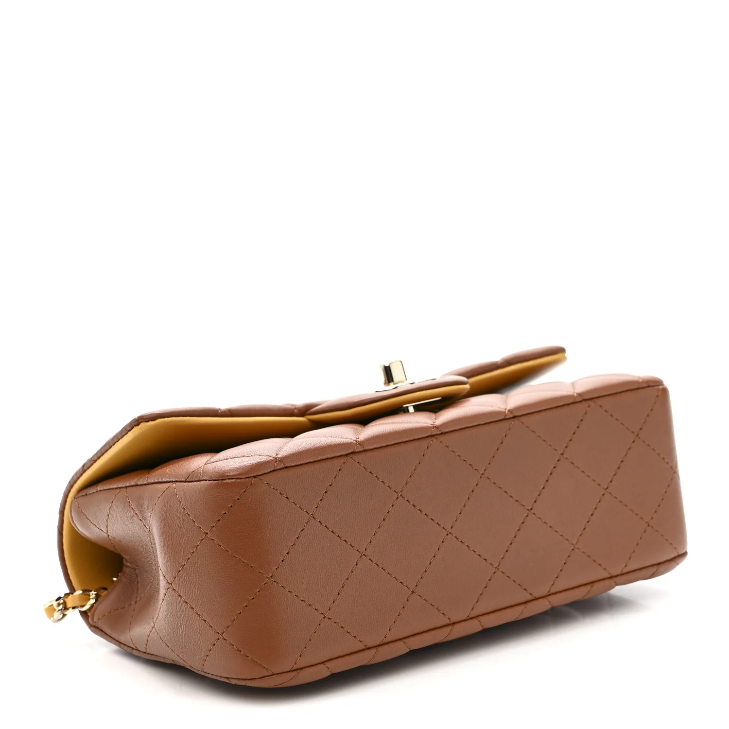 Lambskin Quilted Bi-Color Mini Top Handle Rectangular Flap Light Brown Yellow - Image 4