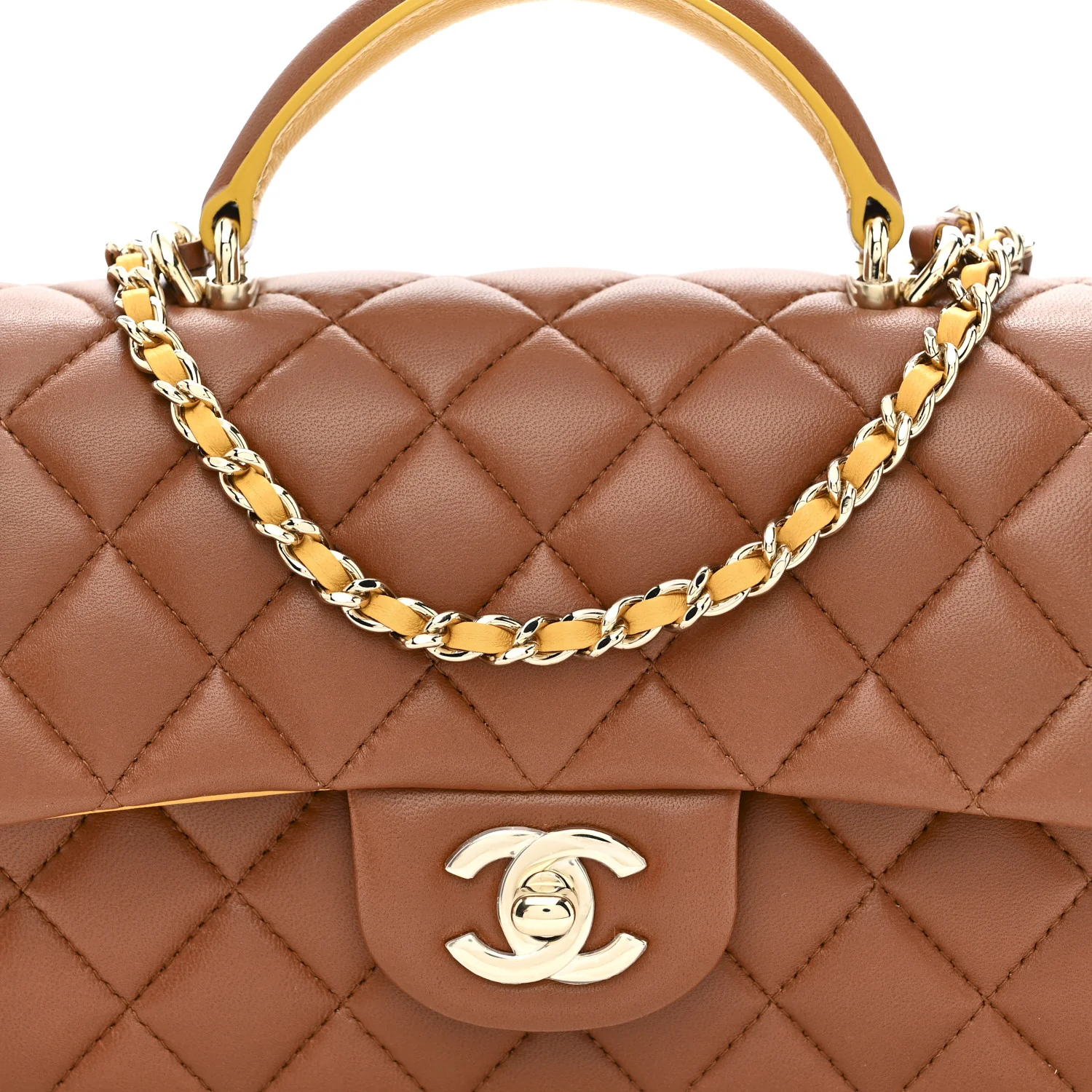 Lambskin Quilted Bi-Color Mini Top Handle Rectangular Flap Light Brown Yellow - Image 8