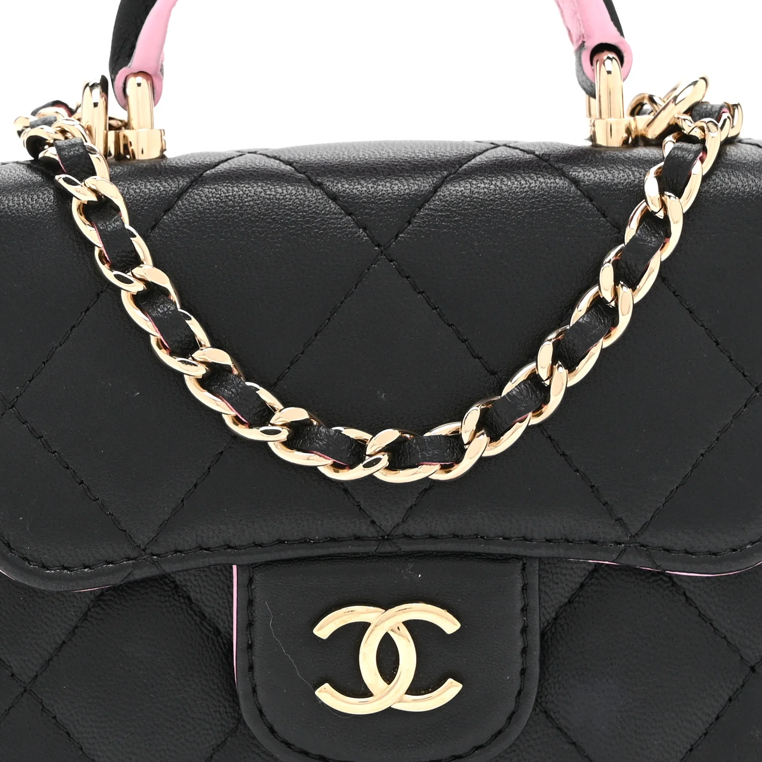 Lambskin Quilted Bi-Color Top Handle Clutch With Chain Black Pink - Image 9