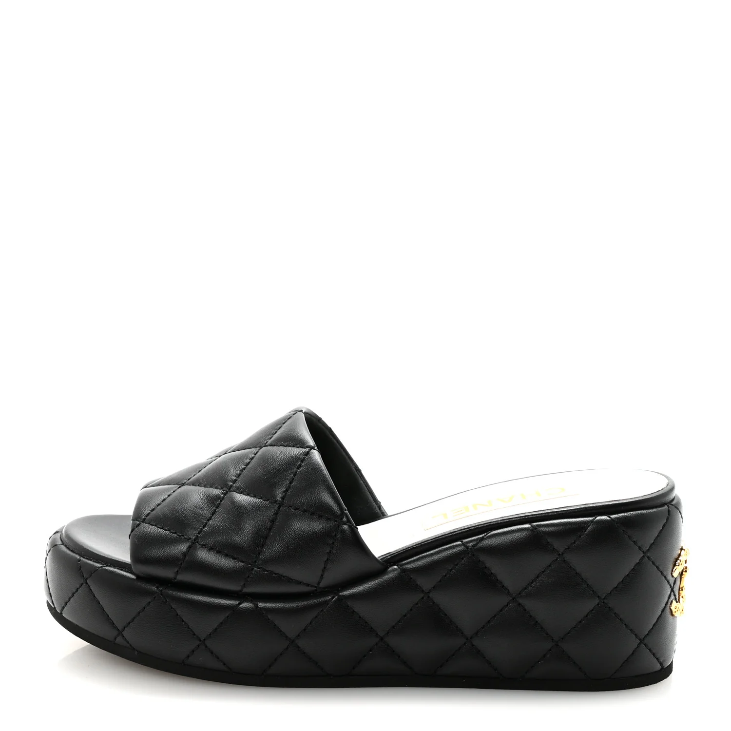 Lambskin Quilted Camelia CC Wedge Sandal Mules 40 Black