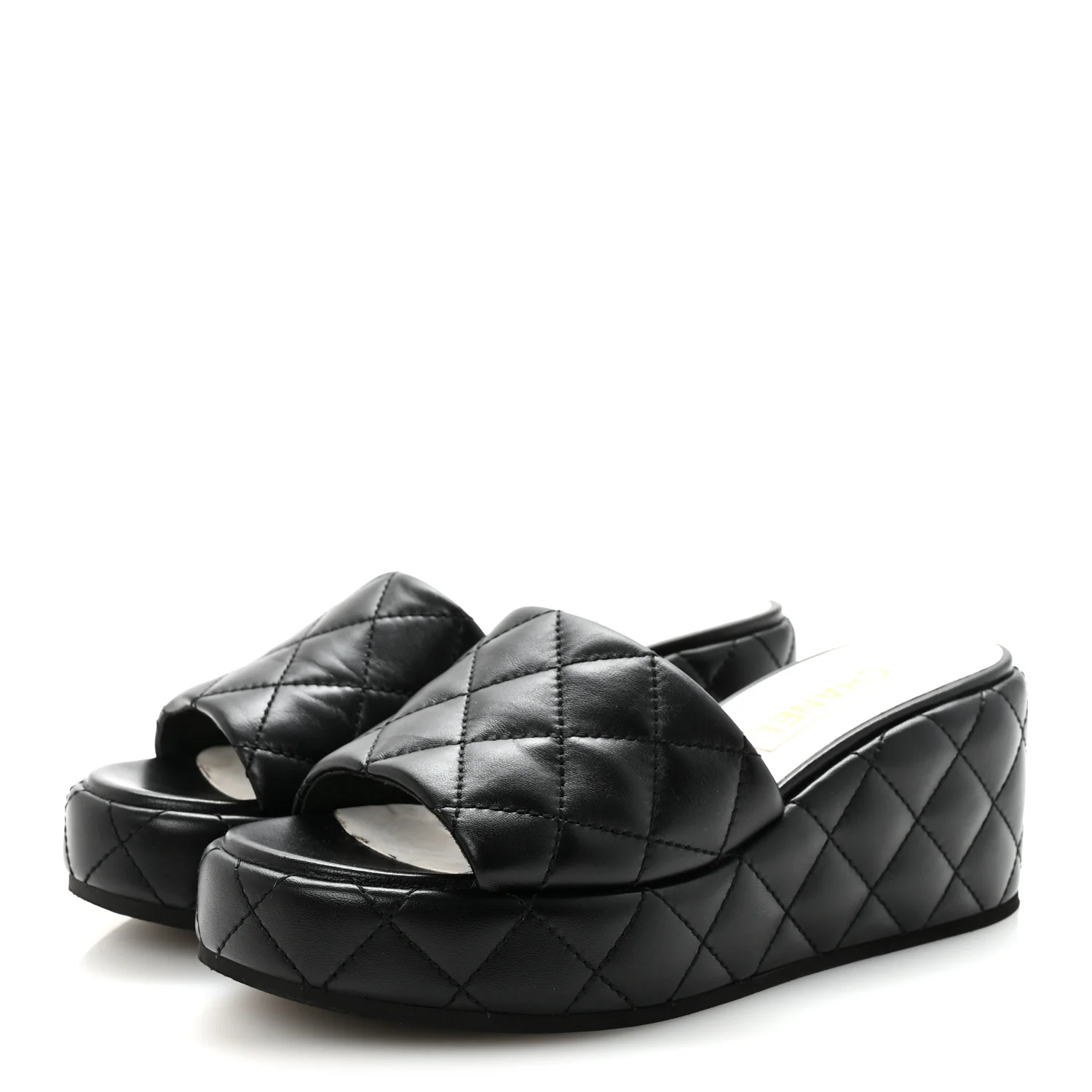 Lambskin Quilted Camelia CC Wedge Sandal Mules 40 Black - Image 4