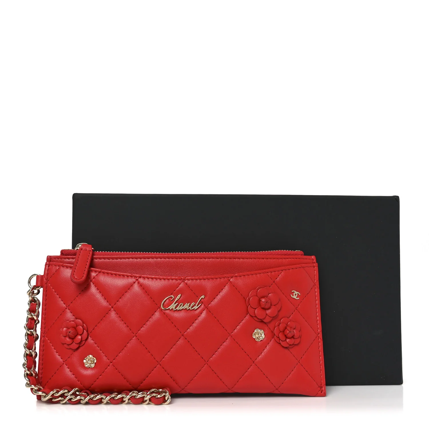 Lambskin Quilted Camellia CC Charm Wristlet Wallet Red - Image 8
