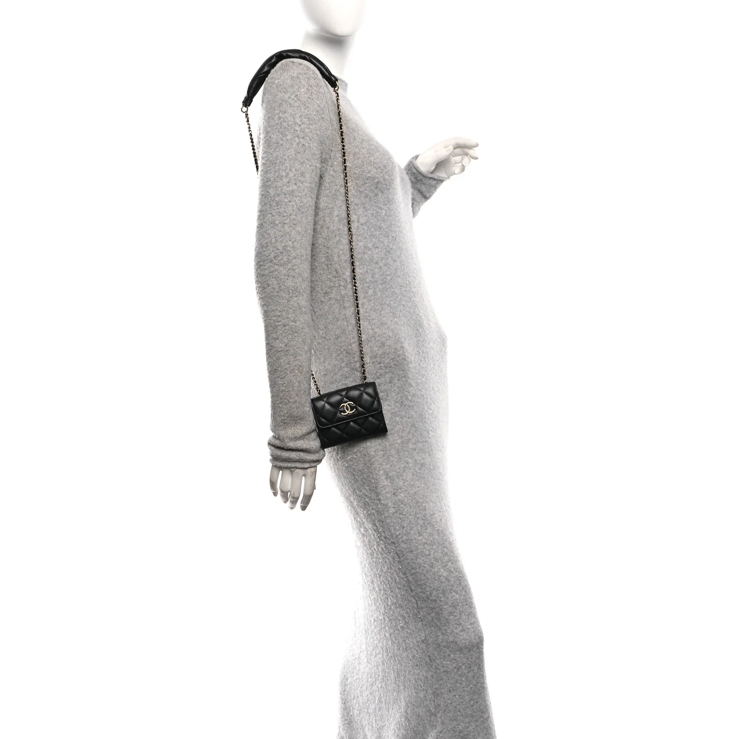 Lambskin Quilted Card Holder with Chain Black - Image 2