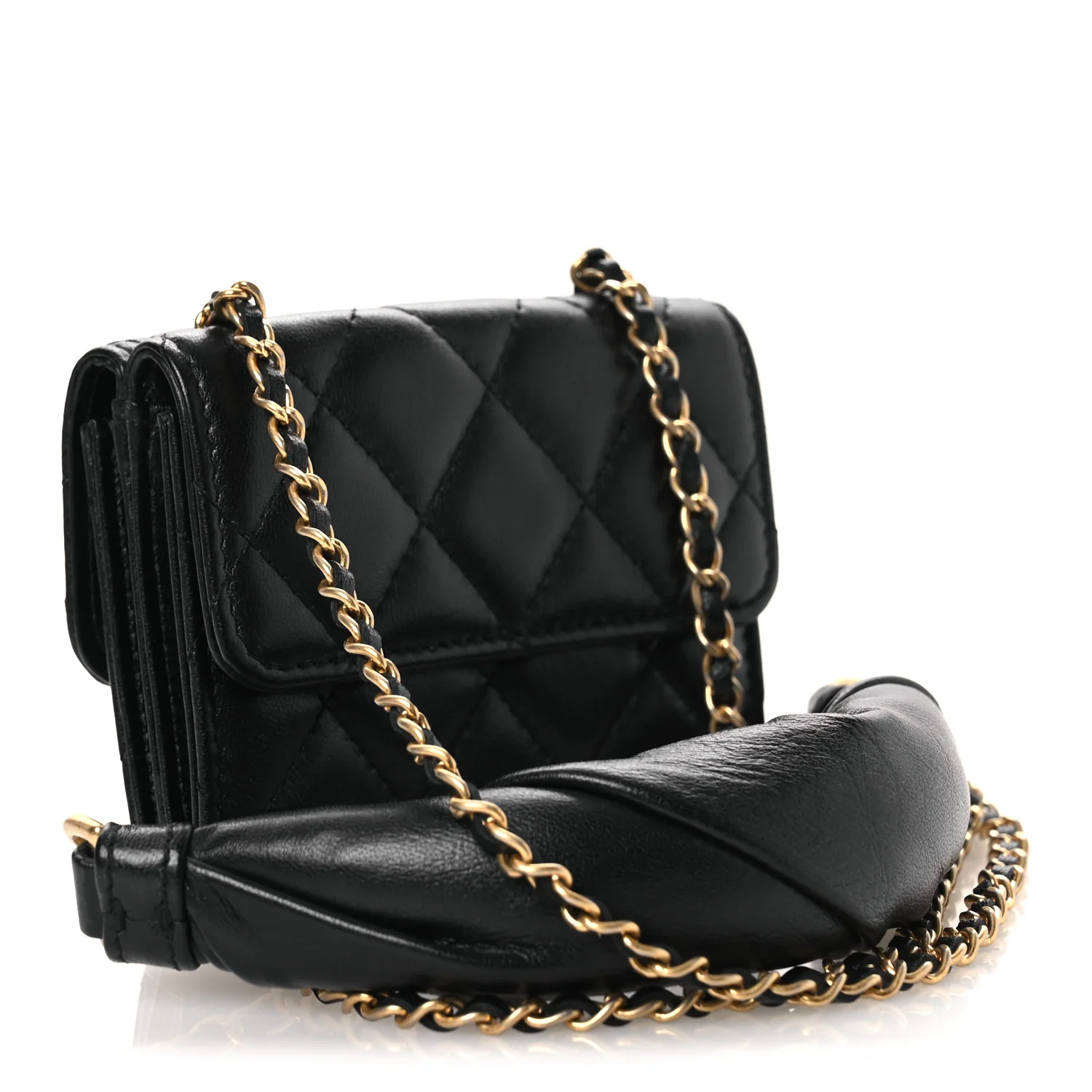 Lambskin Quilted Card Holder with Chain Black - Image 3