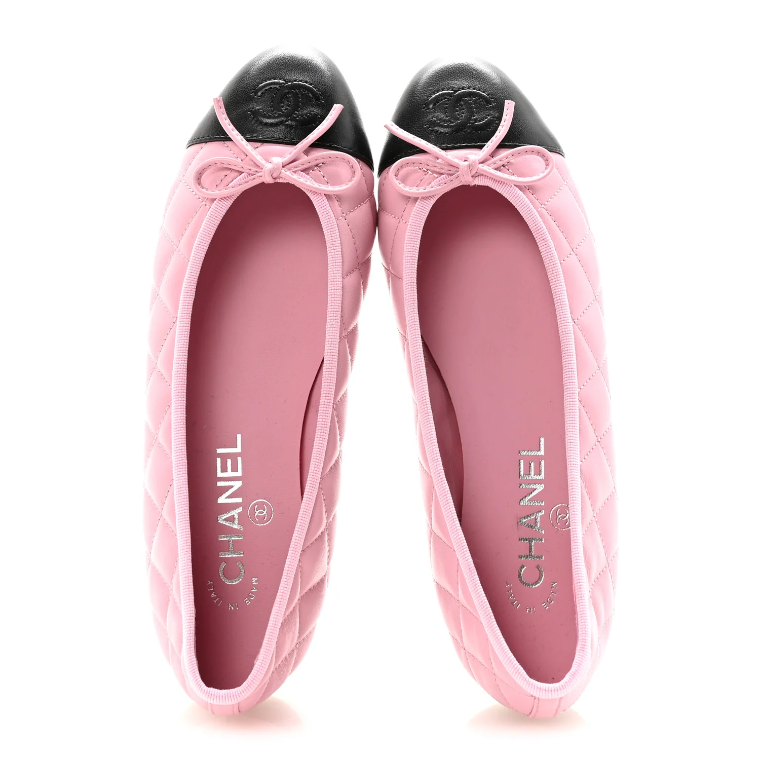 Lambskin Quilted CC Cap Toe Ballerina Flats 37.5 Pink Black - Image 2