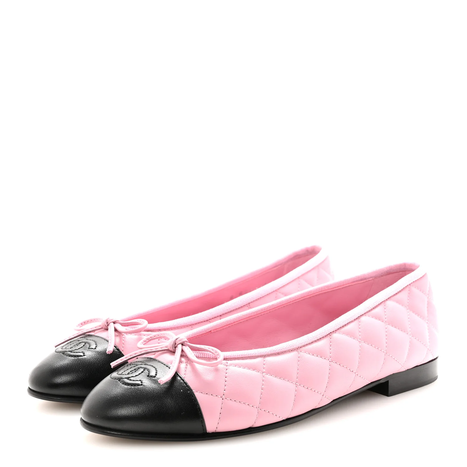 Lambskin Quilted CC Cap Toe Ballerina Flats 37.5 Pink Black - Image 4
