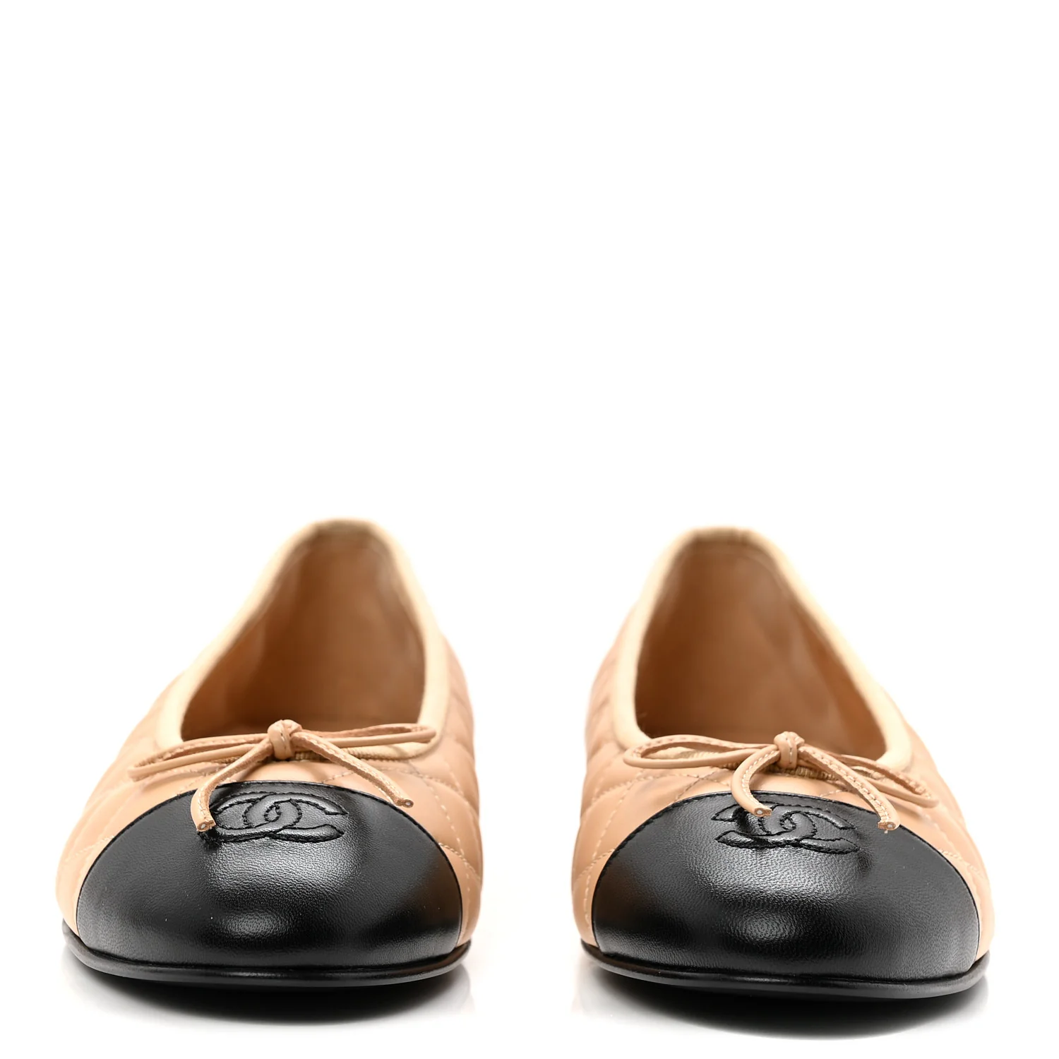 Lambskin Quilted CC Cap Toe Ballerina Flats 40 Beige Black - Image 3