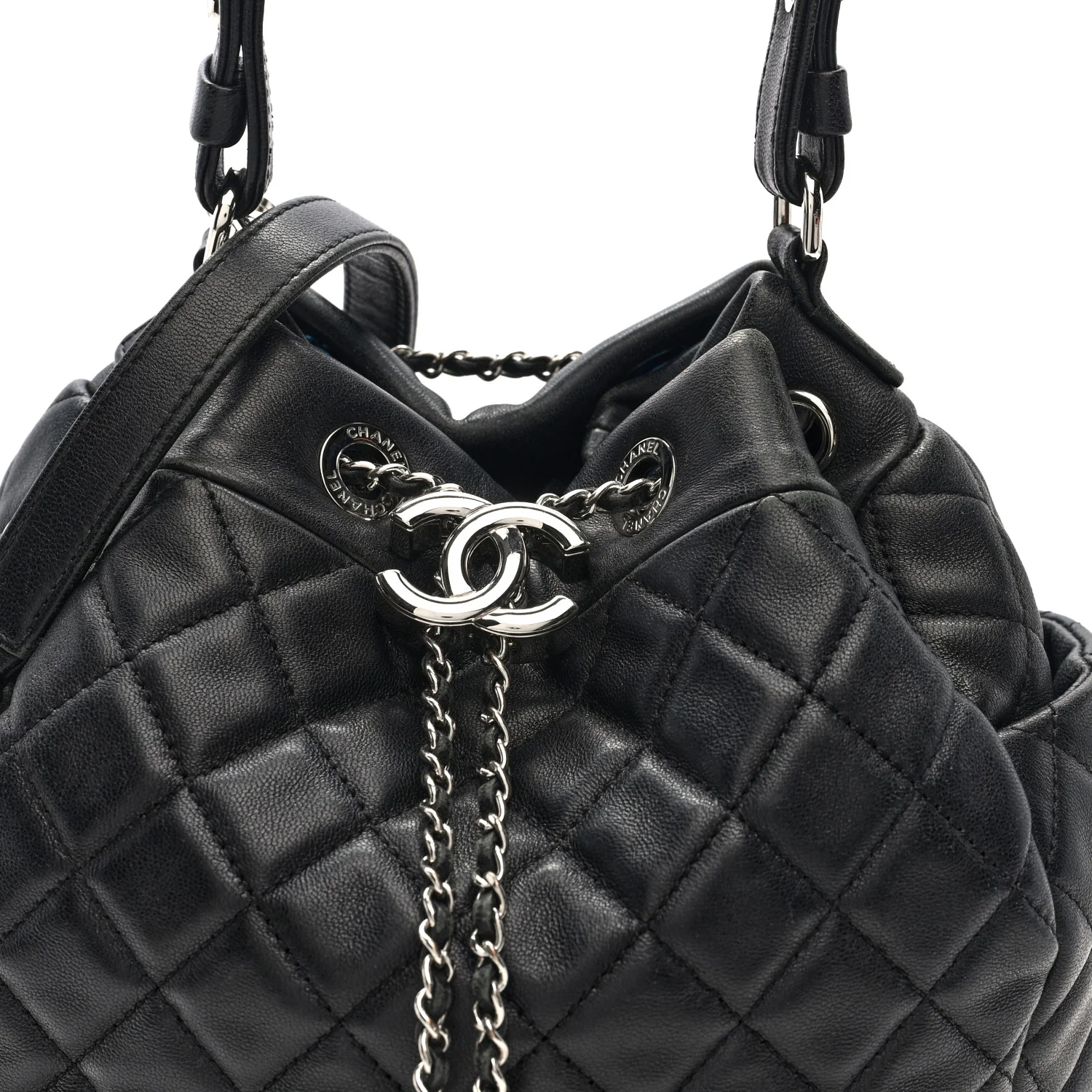Lambskin Quilted CC Chain Drawstring Tote Black - Image 8