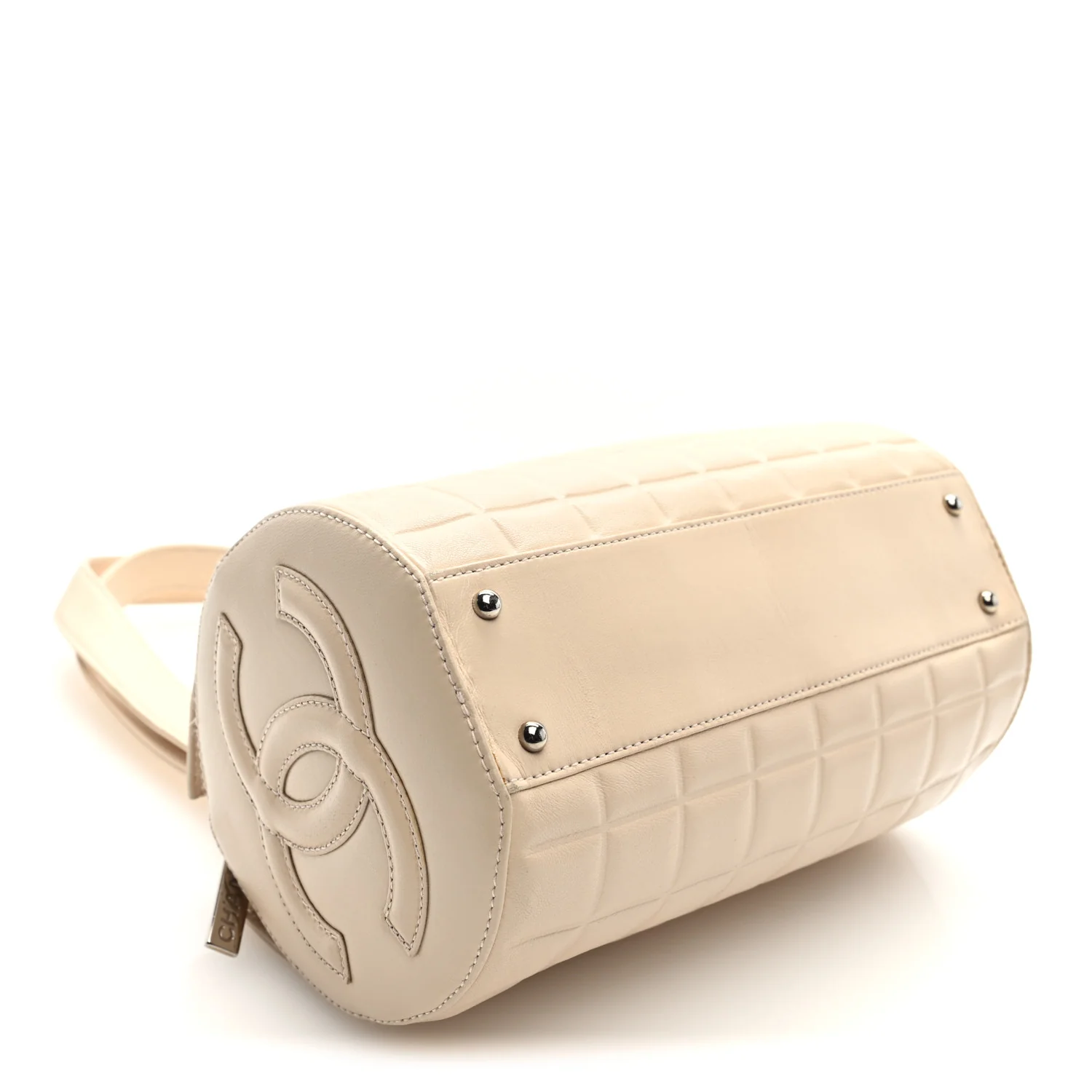 Lambskin Quilted CC Chocolate Bar Barrel Bag Beige - Image 4