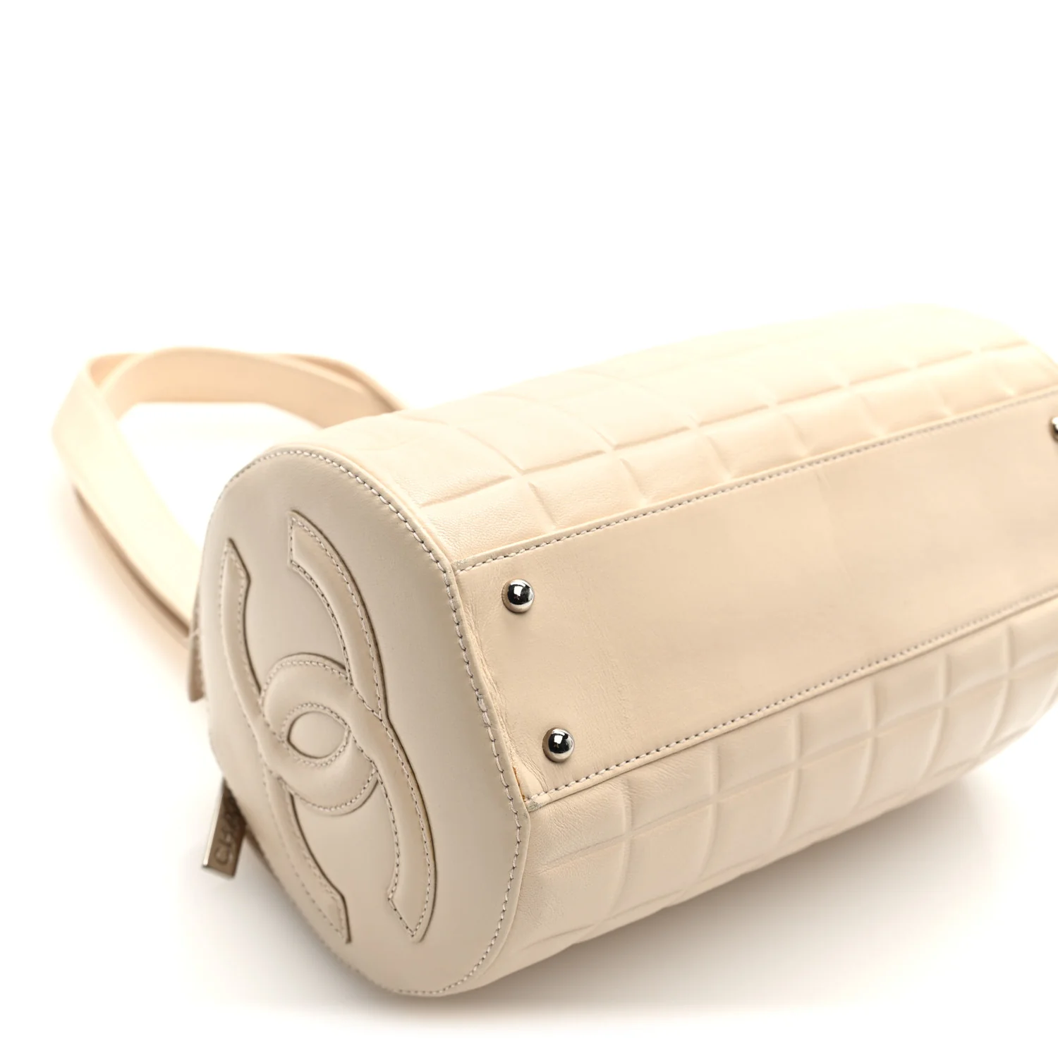 Lambskin Quilted CC Chocolate Bar Barrel Bag Beige - Image 9