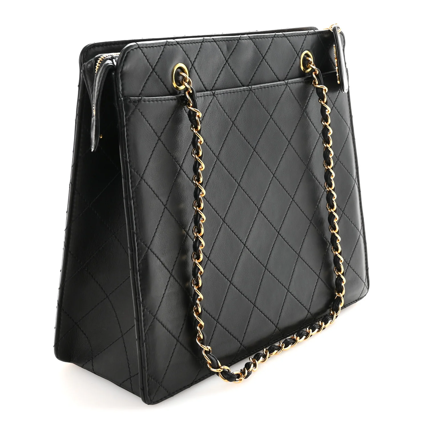 Lambskin Quilted CC Front Pocket Shopping Tote Black - Image 3
