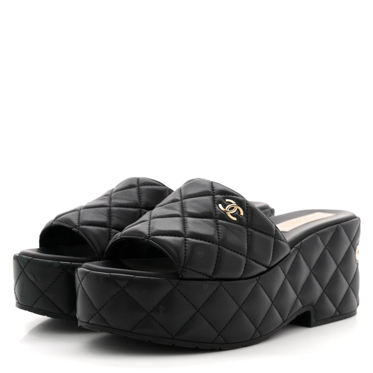 Lambskin Quilted CC Mules Wedge Sandals 40 Black - Image 4