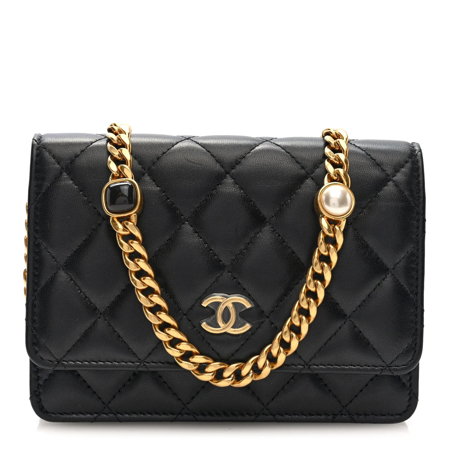 Lambskin Quilted CC Pearl Enamel Clutch on Chain WOC Black