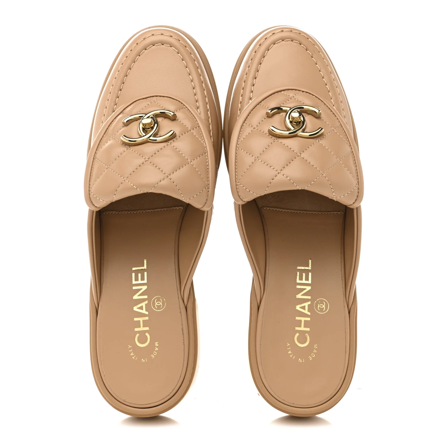 Lambskin Quilted CC Turnlock Mules 37.5 Light Beige - Image 2
