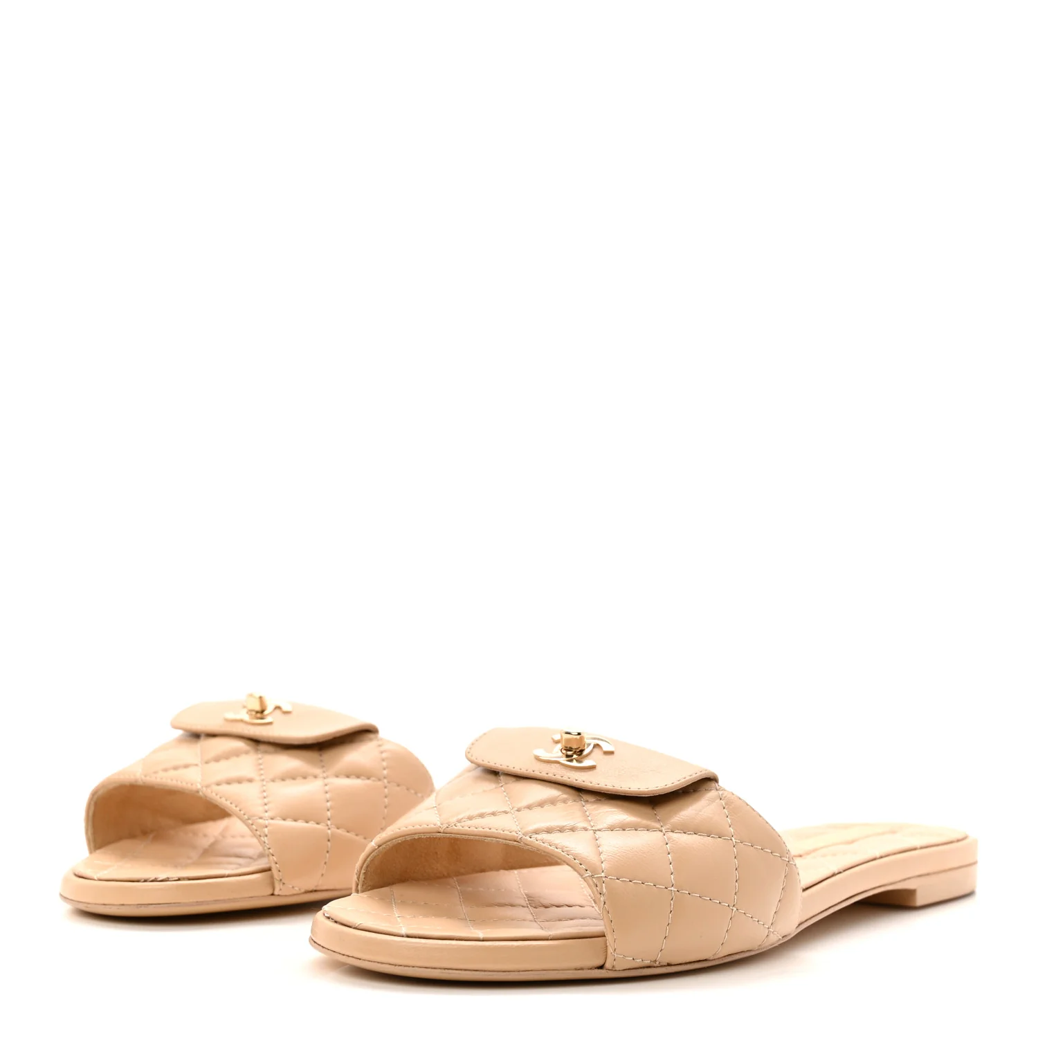 Lambskin Quilted CC Turnlock Sandals 38.5 Beige - Image 4