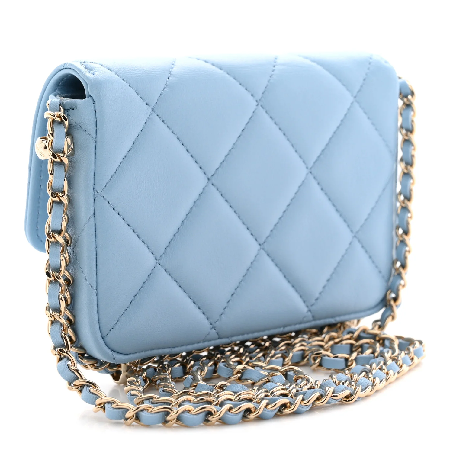 Lambskin Quilted Chain Around Coin Purse With Chain Light Blue - Image 3