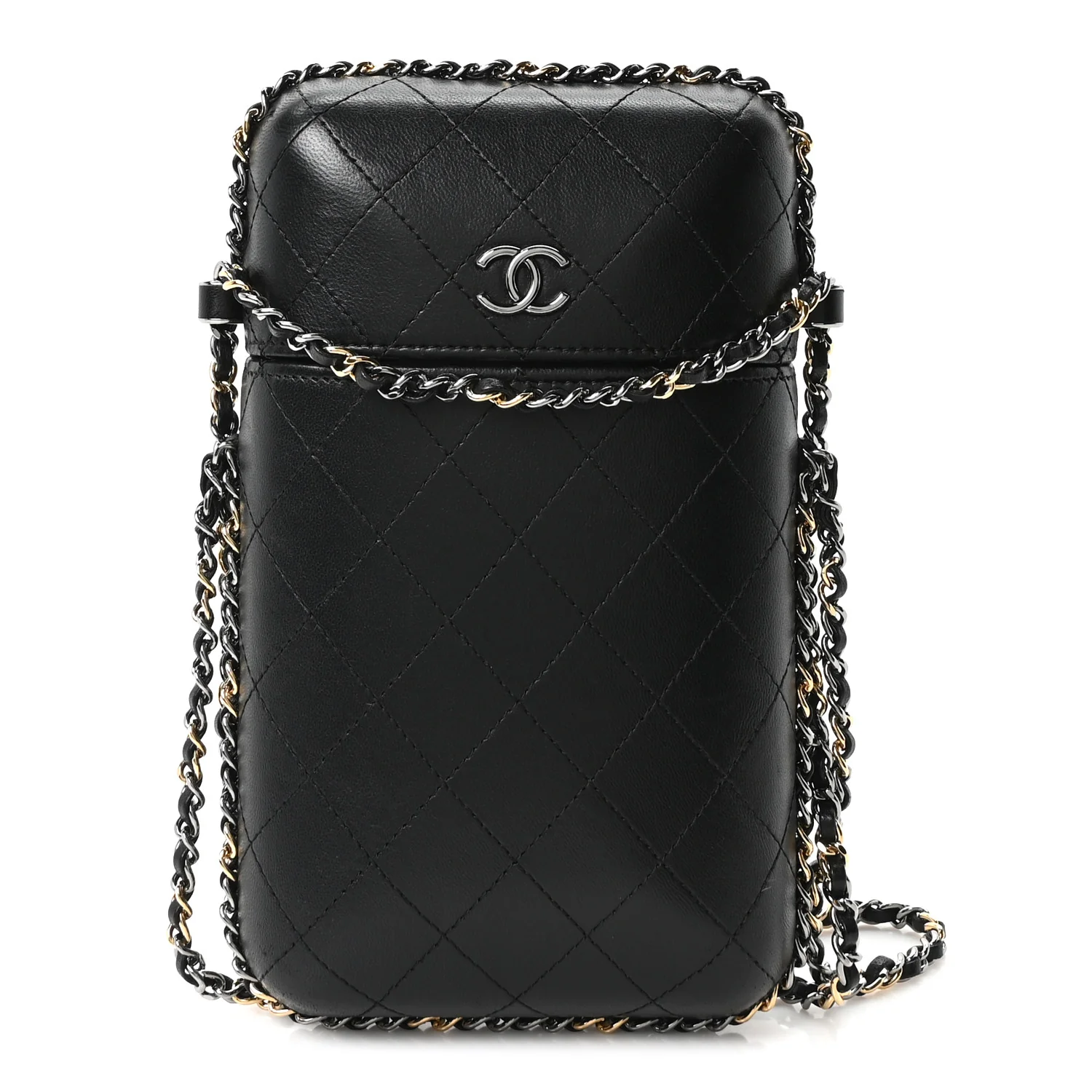 Lambskin Quilted Chain Around Phone Holder Black