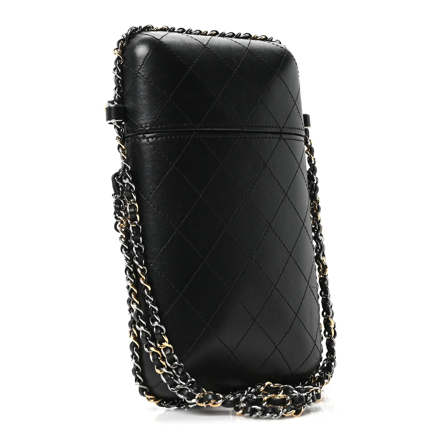 Lambskin Quilted Chain Around Phone Holder Black - Image 3