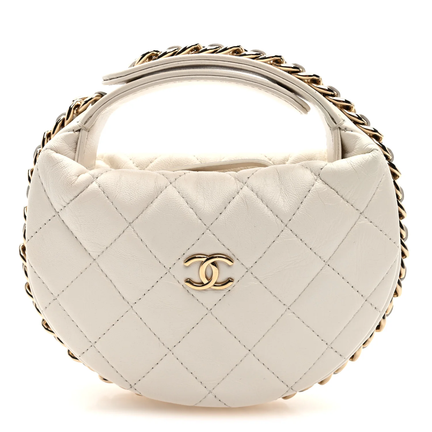 Lambskin Quilted Chain Around Pouch Hobo White
