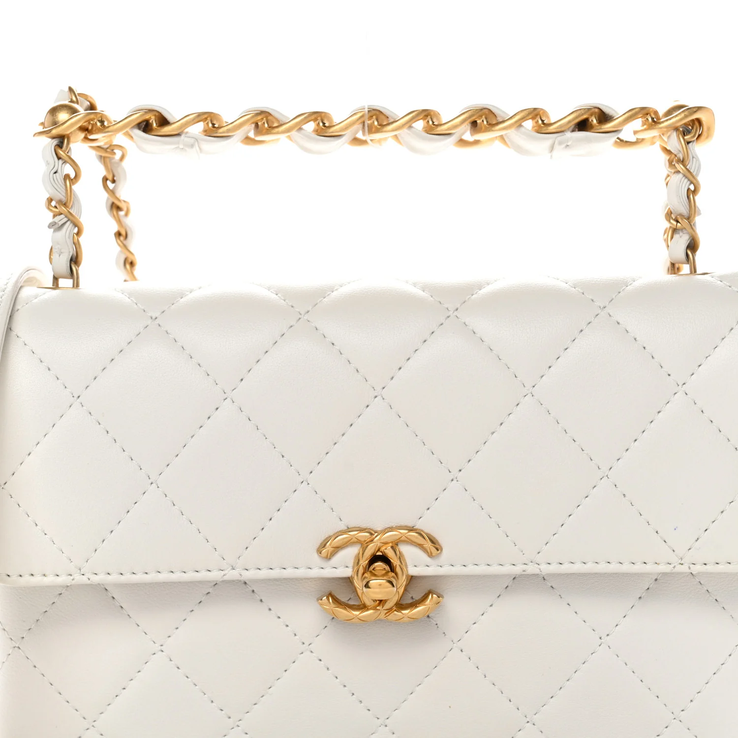 Lambskin Quilted Chain Bar Top Handle Flap White - Image 8