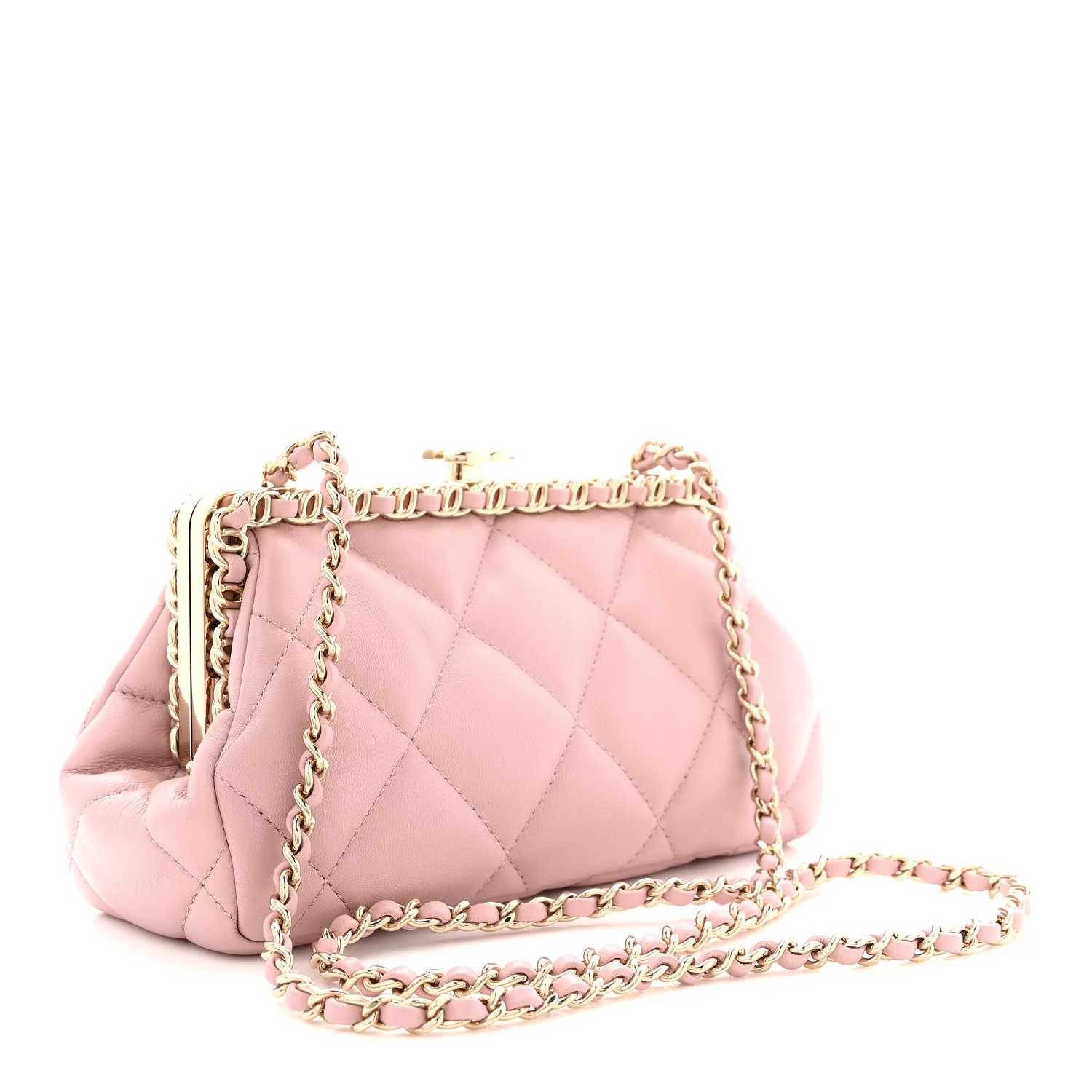 Lambskin Quilted Chain Frame Clutch Pink - Image 3